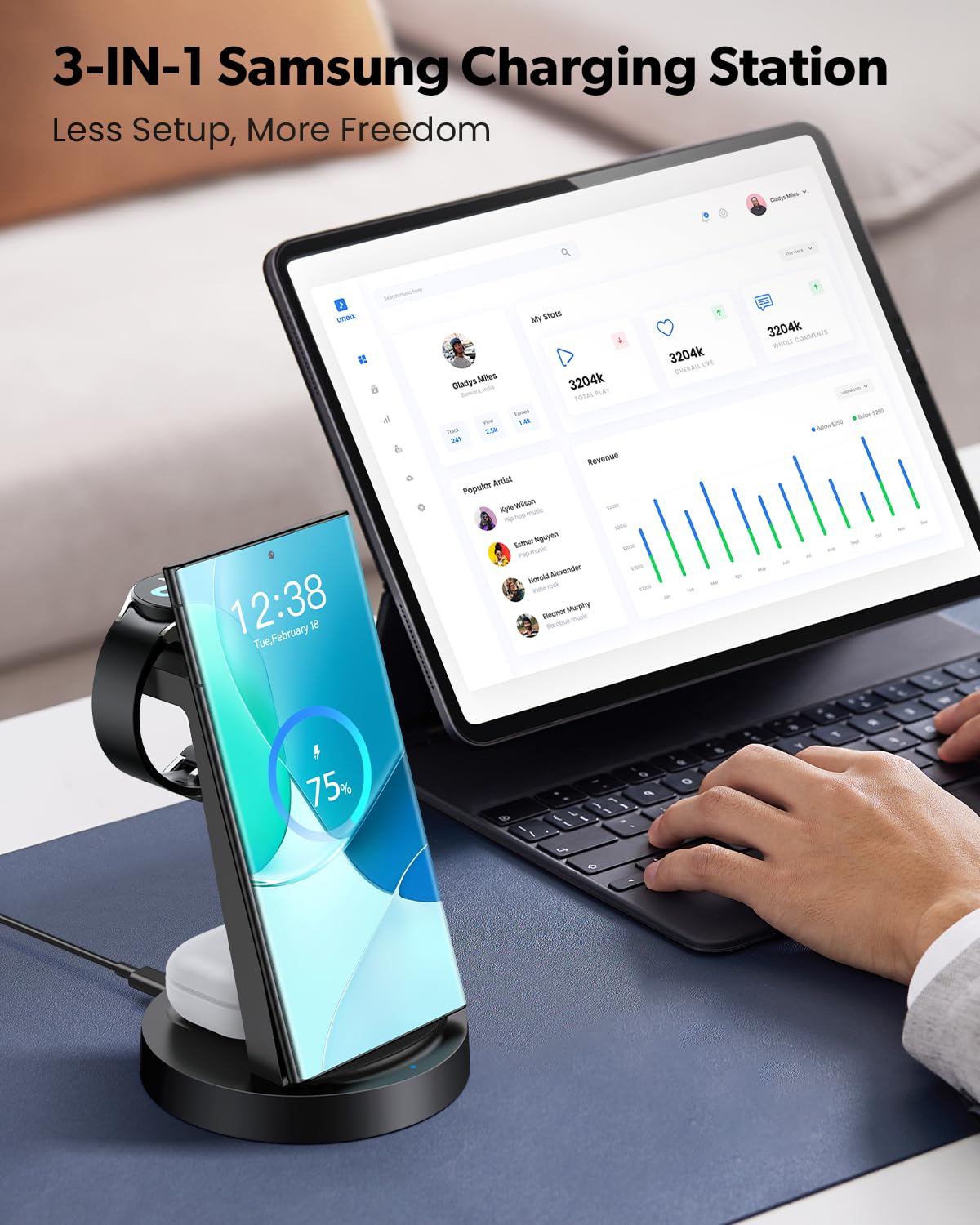 3-in-1 Wireless Charging Station for Samsung Galaxy Watch 7/6/5/4/3/Pro/Classic, Galaxy Buds & S25/S24 Ultra/S23/S22/S21/Note/Z Fold - Fast Qi-Certified Charger Dock Stand for Android Phones | Perfect for Bedside, Office & Travel Charging