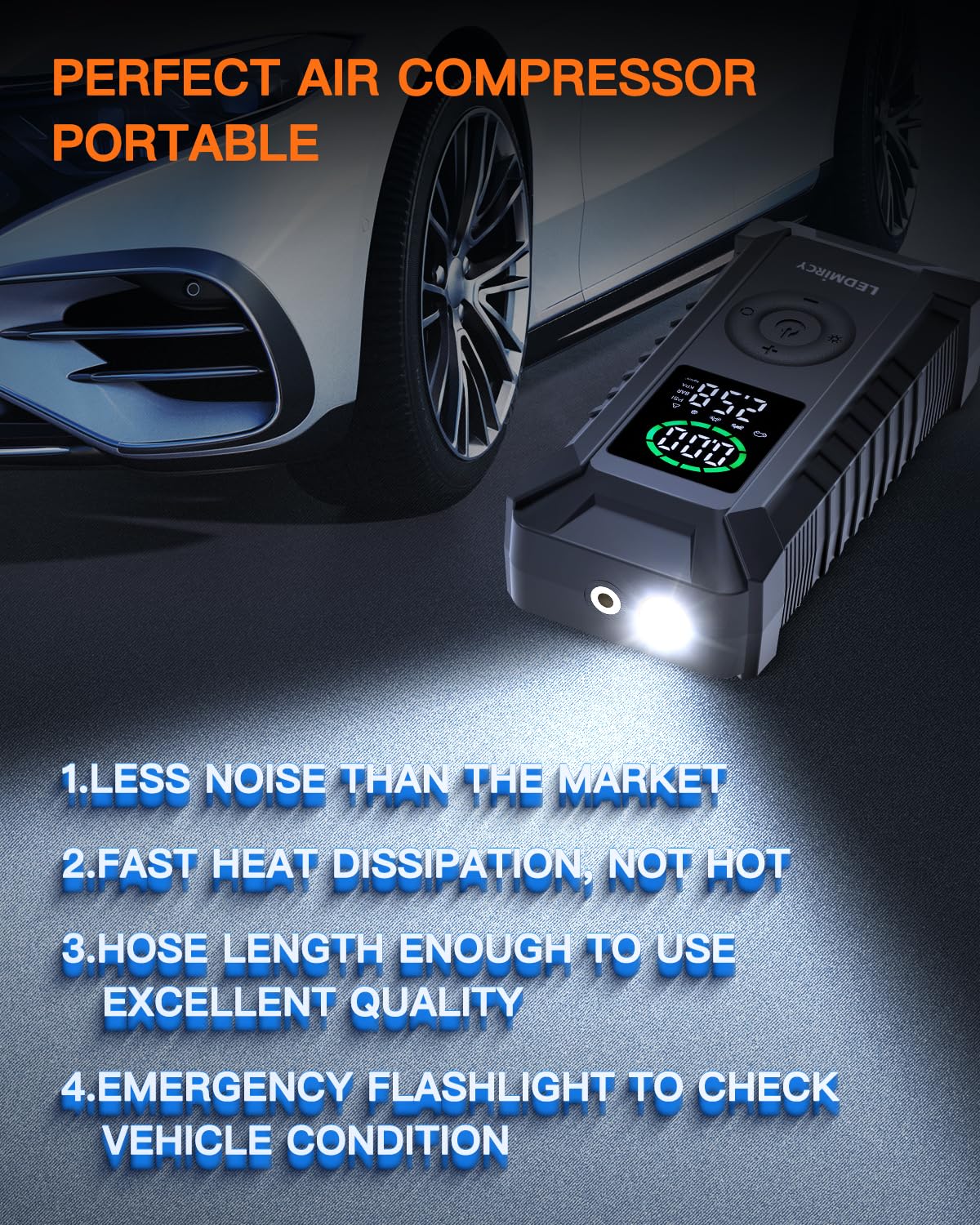 LEDMIRCY 12V DC Portable Tire Inflator Air Compressor with Digital Pressure Gauge - Emergency Car Tire Pump for Cars, Pickup Trucks, Motorcycles & Bicycles | Compact Travel Air Pump for Roadside Assistance & Home Use