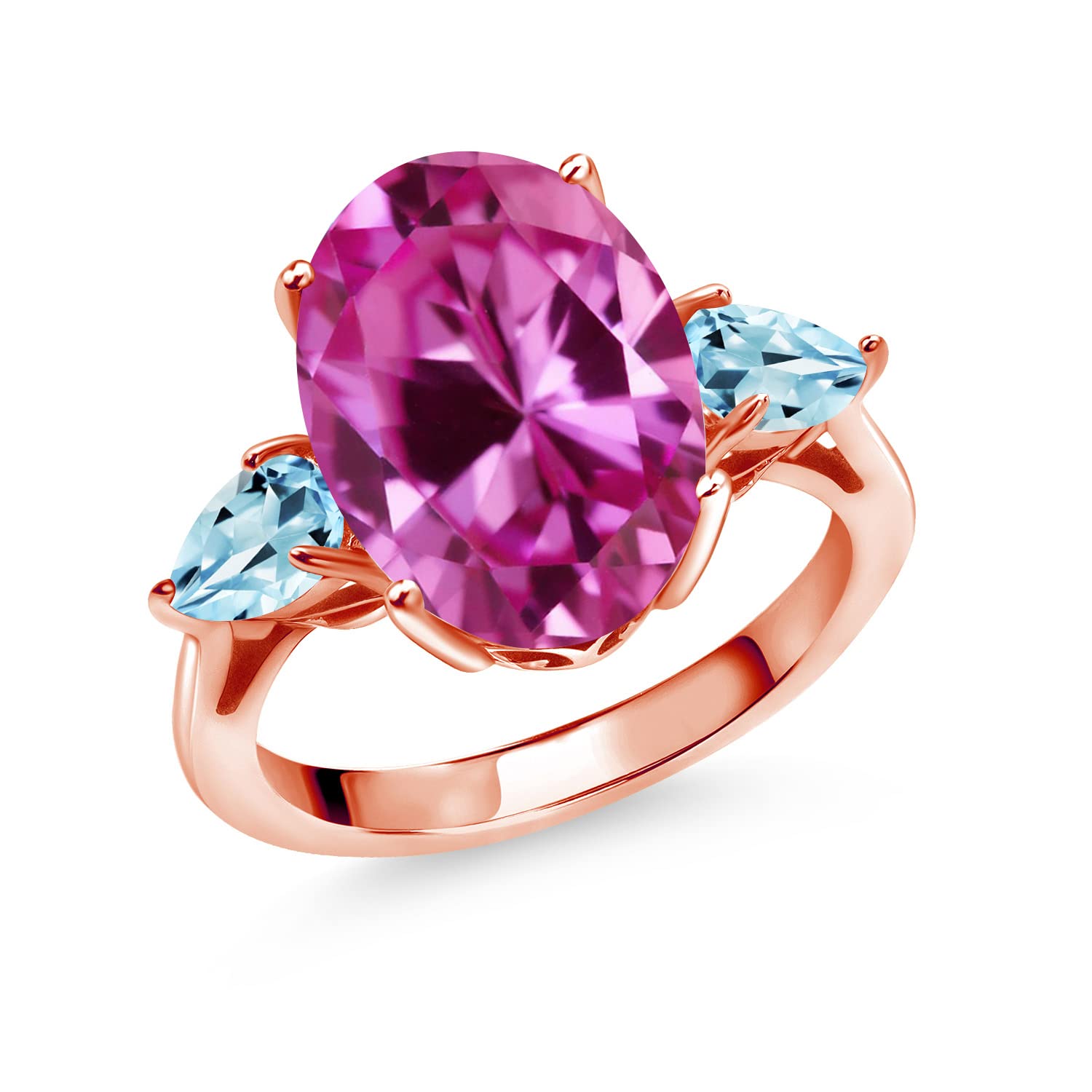 7.00 Ct Oval Pink Created Sapphire & Sky Blue Topaz 18K Rose Gold Plated Silver 3-Stone Engagement Ring for Women - Elegant Wedding, Anniversary, Promise Gift Idea
