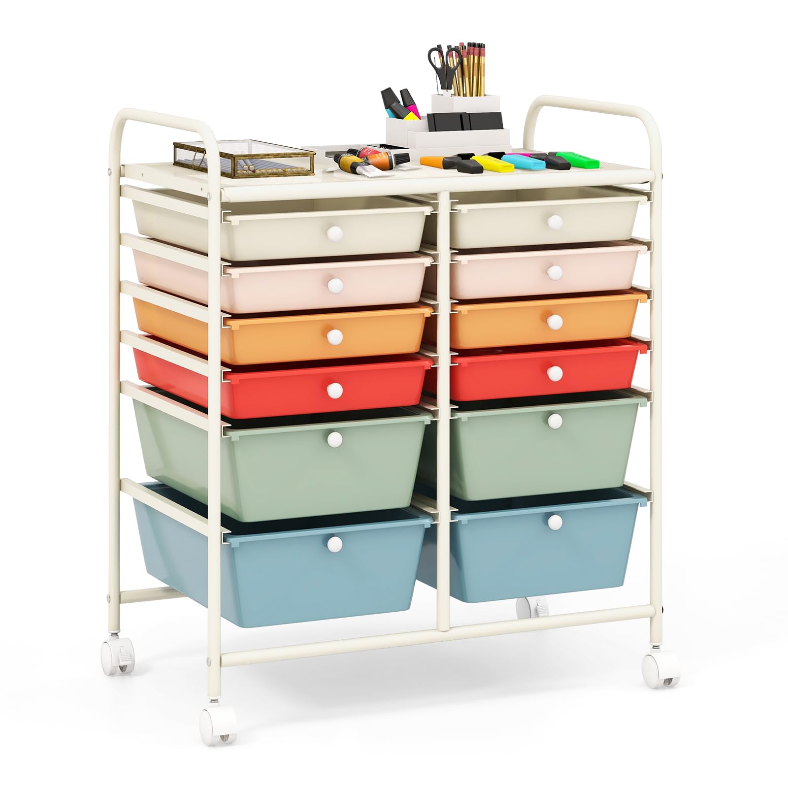 RELAX4LIFE 12-Drawer Rolling Storage Cart with Wheels - Mobile Craft Organizer for Art Supplies, Office, School & Beauty Salon | Portable Utility Cart in Macaroon Color | Perfect for DIY Projects, Classroom Organization & Salon Storage