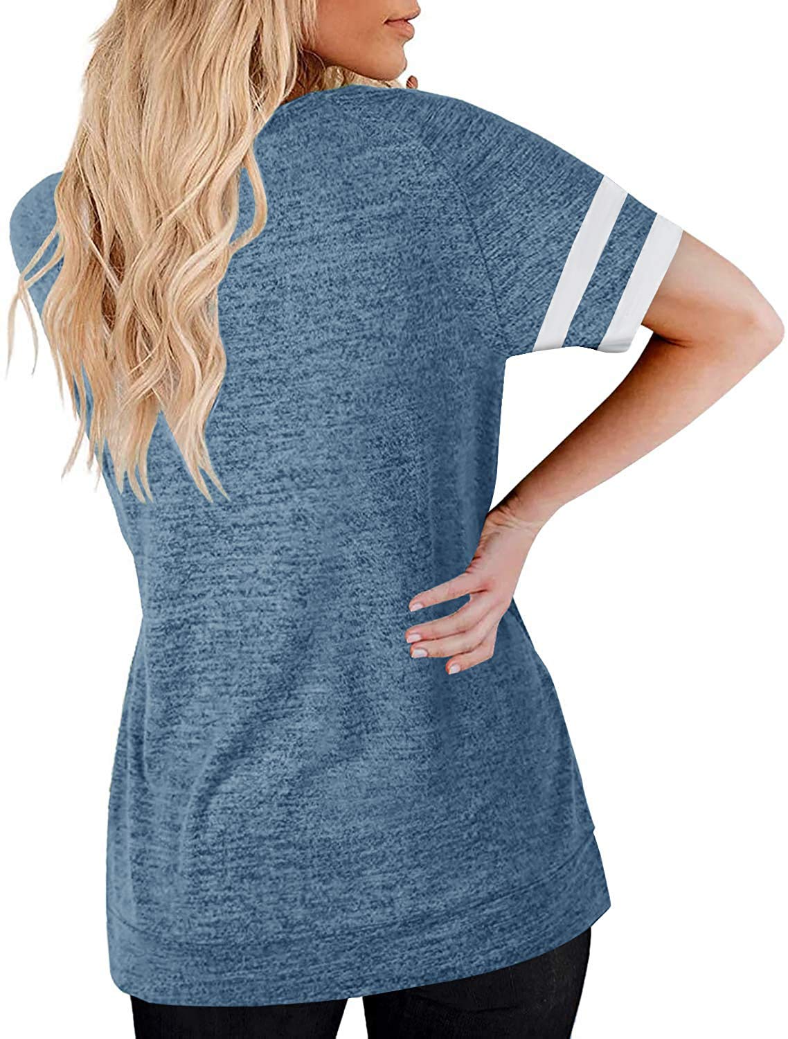 MaQiYa Women's V-Neck Color Block Tunic T-Shirt - Summer Short Sleeve Casual Cotton Tee - Perfect for Work, Weekend & Vacation Outfits