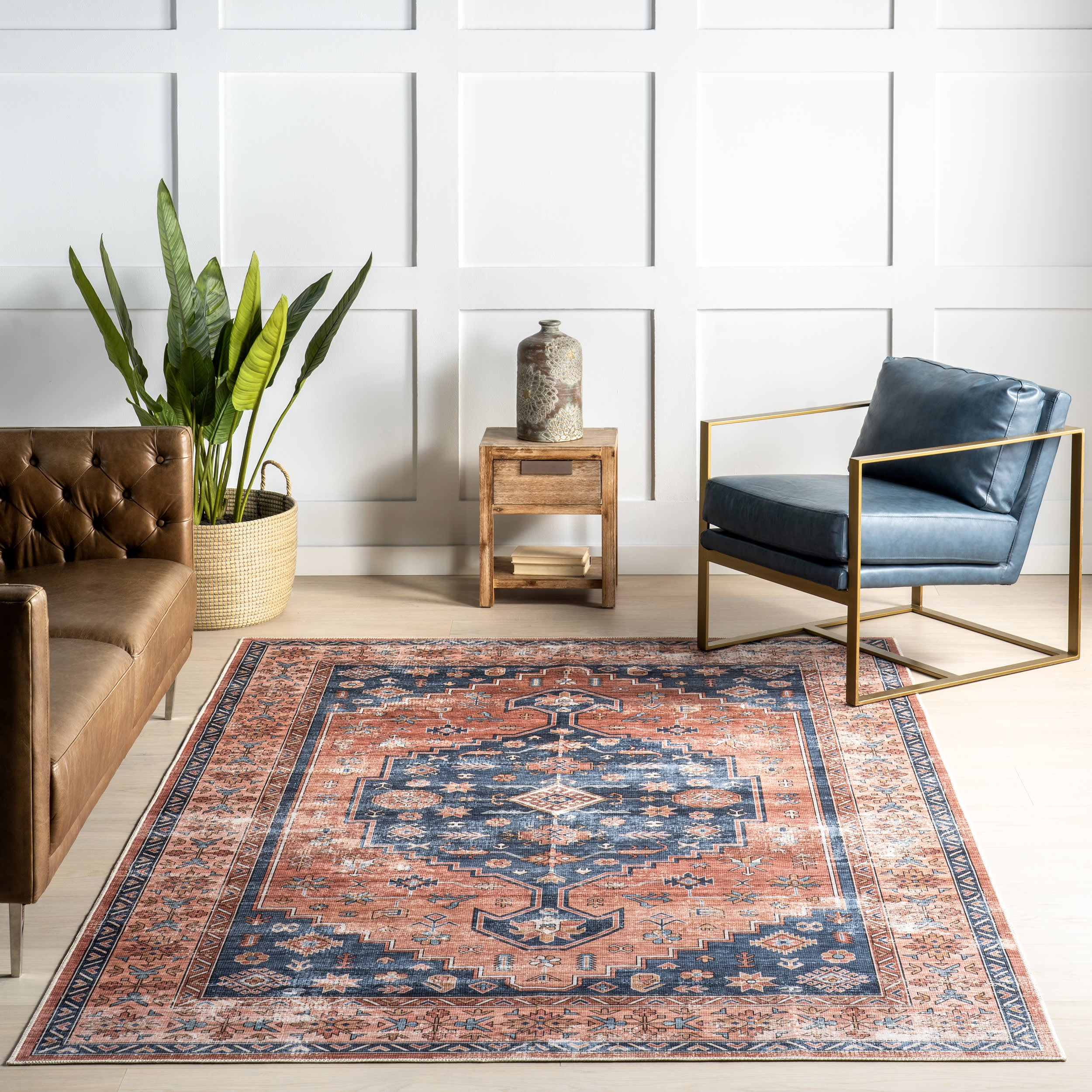 Premium Daisy Spill-Proof Washable Persian Rug - Brick Red | Non-Slip Vintage Area Rug for Living Room, Bedroom & Office Decor
