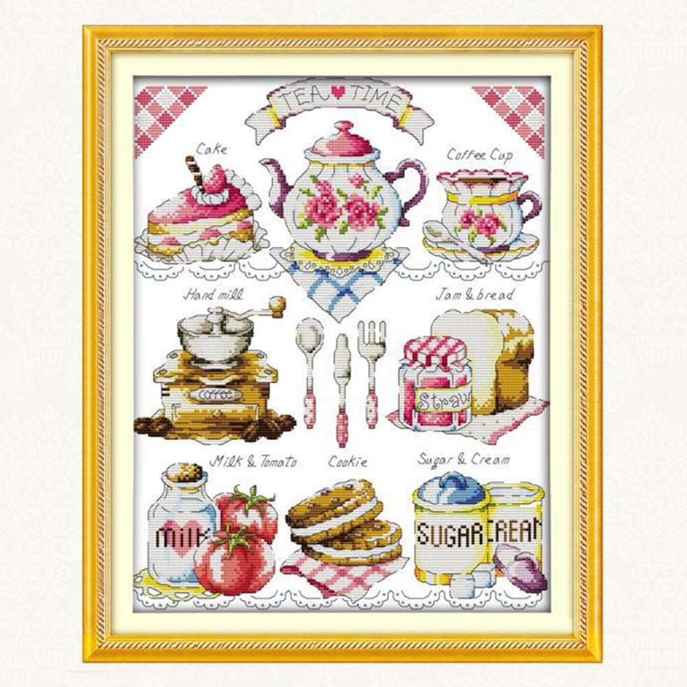 DIY Cross Stitch Kit - Afternoon Tea Wall Hanging with Cake, Snacks, Bread, Milk & Biscuit Embroidery Design #4 | Perfect for Home Decor, Craft Gifts & Relaxing Hobbies