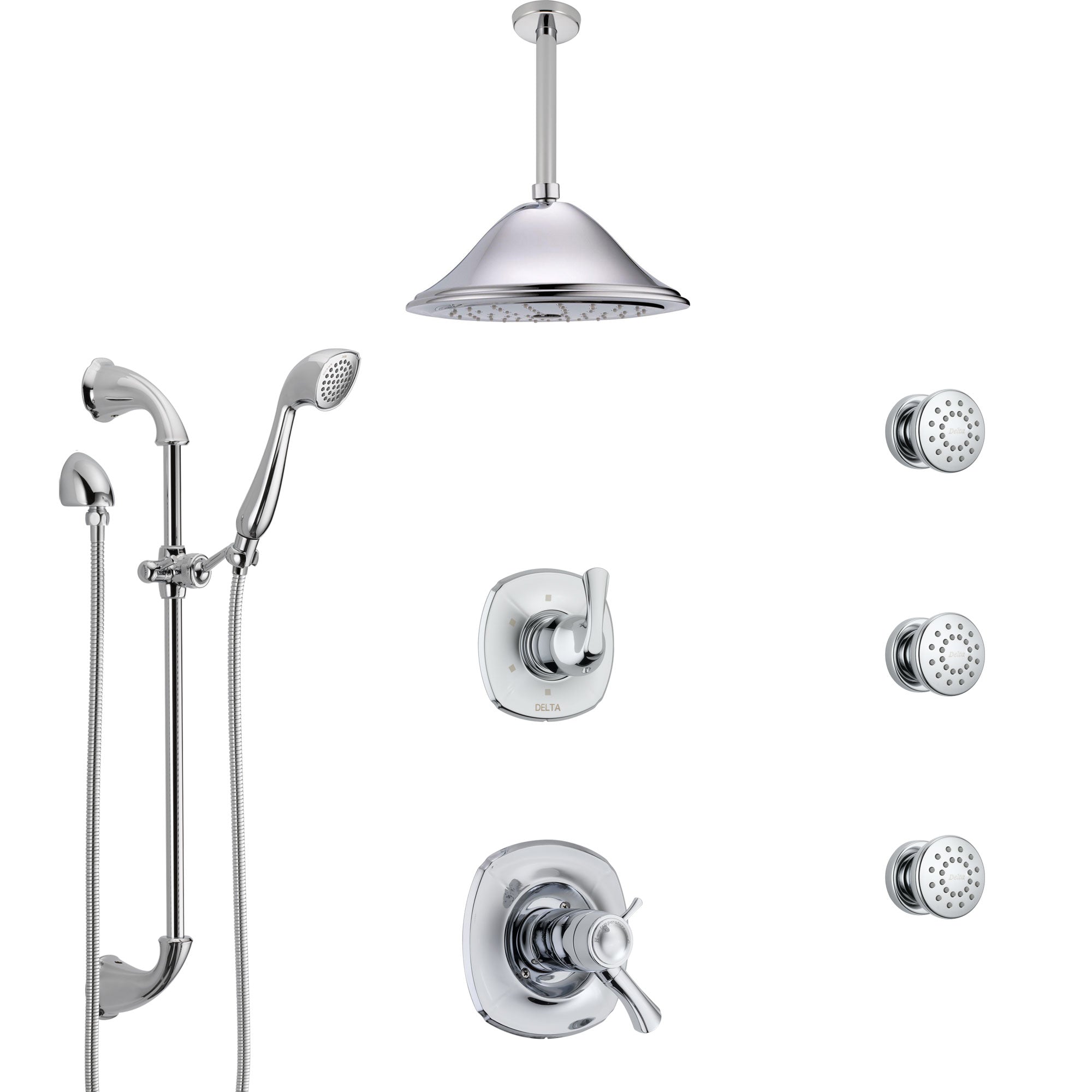 Delta Addison Chrome Shower System - Dual Thermostatic Control, Ceiling Mount Showerhead, 3 Body Sprays & Hand Shower (SS17T9225) - Perfect for Luxury Bathroom Renovations and Spa-Like Shower Experiences