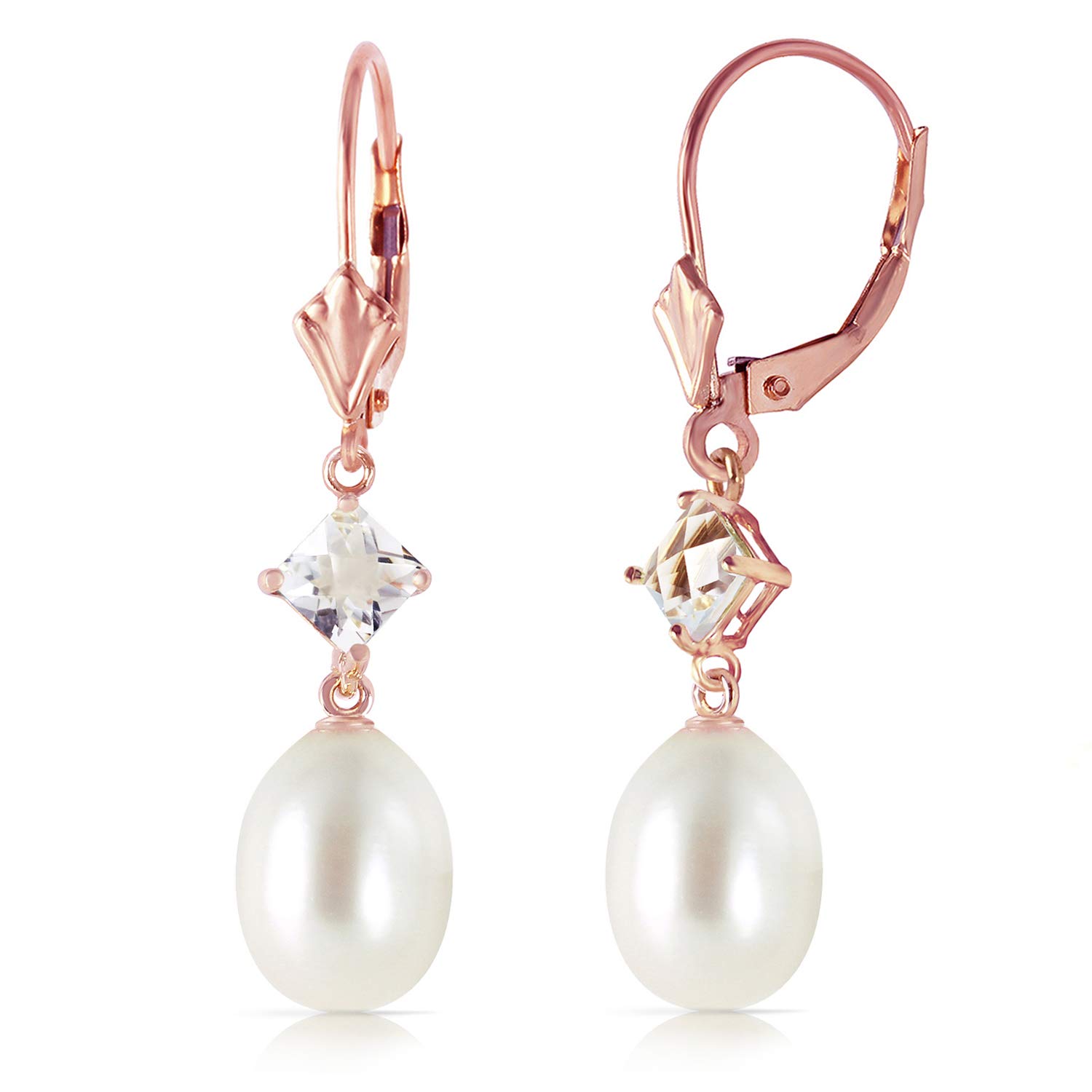 14K Solid Rose Gold Leverback Earrings with Rose Topaz & Pearls - Elegant Dangle Earrings for Women, Perfect for Weddings, Parties & Special Occasions