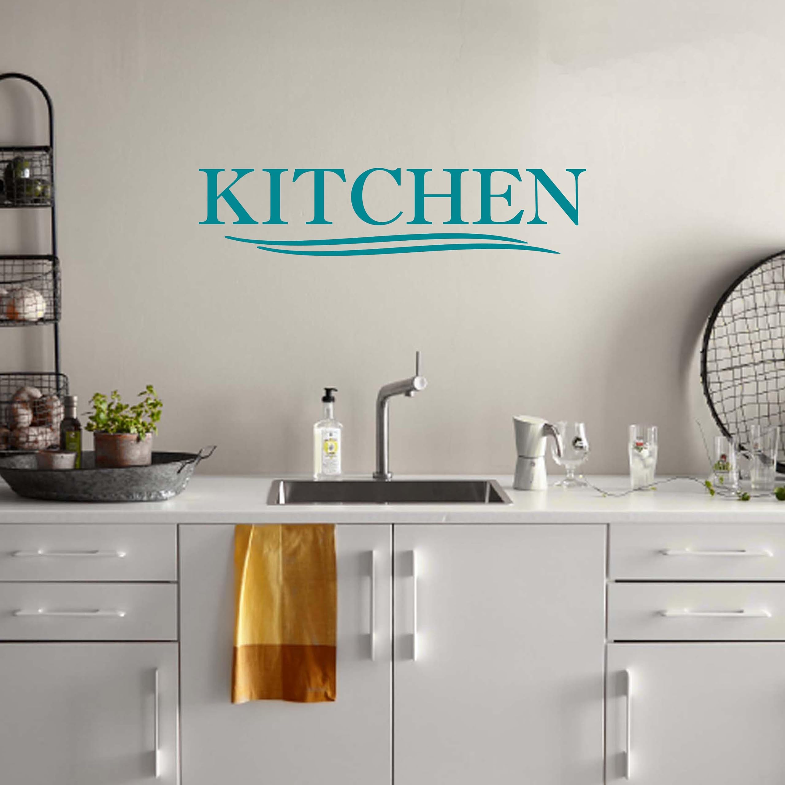 Modern Kitchen Wall Decal Stickers - Peel & Stick Vinyl Wall Decor for Home, Cafe, Restaurant - Teal Blue Floral Design - Perfect for Kitchen Backsplash, Pantry, Coffee Shop Walls