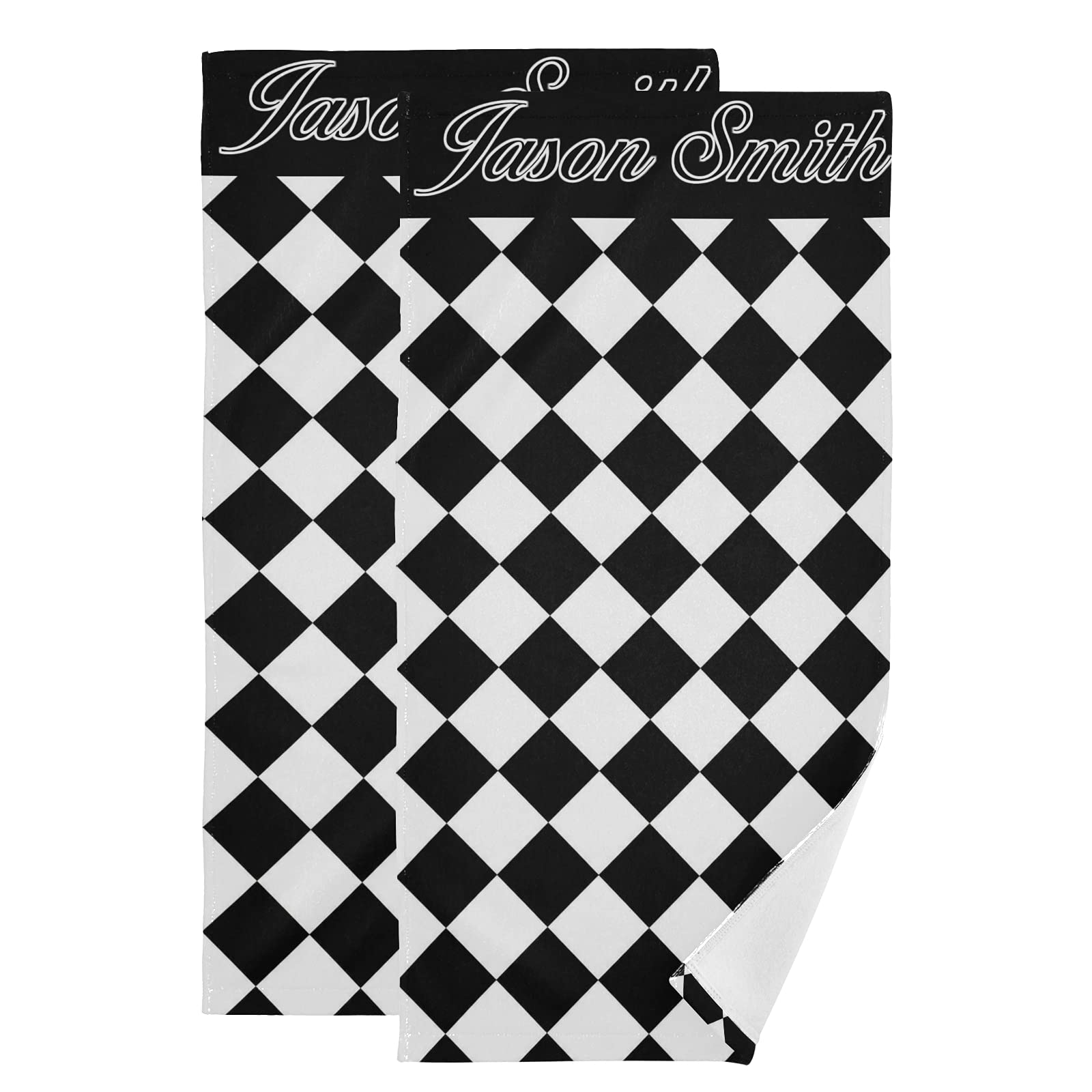 Personalized Black & White Checkered Absorbent Hand Towels Set of 2 - Custom Name Bathroom & Kitchen Towels, Gym Guest Towels, Multipurpose Fingertip Towel Gift for Home, Spa & Travel
