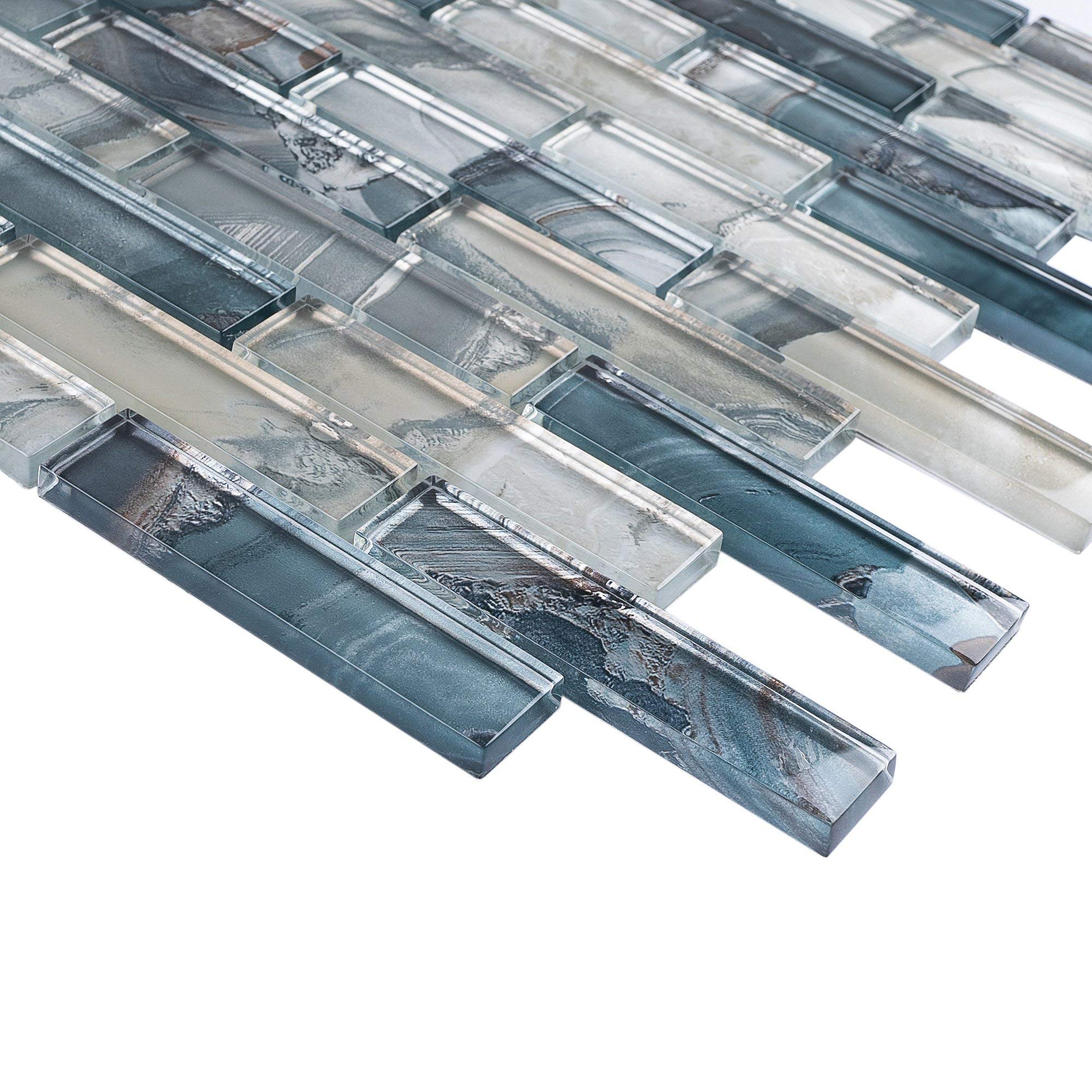 TOCSG-01 1x4 Swirl Blue Glass Mosaic Tile Backsplash (10 Sheets) - Waterproof Kitchen & Bathroom Wall Tile for Stunning Backsplash, Shower, and Fireplace Designs