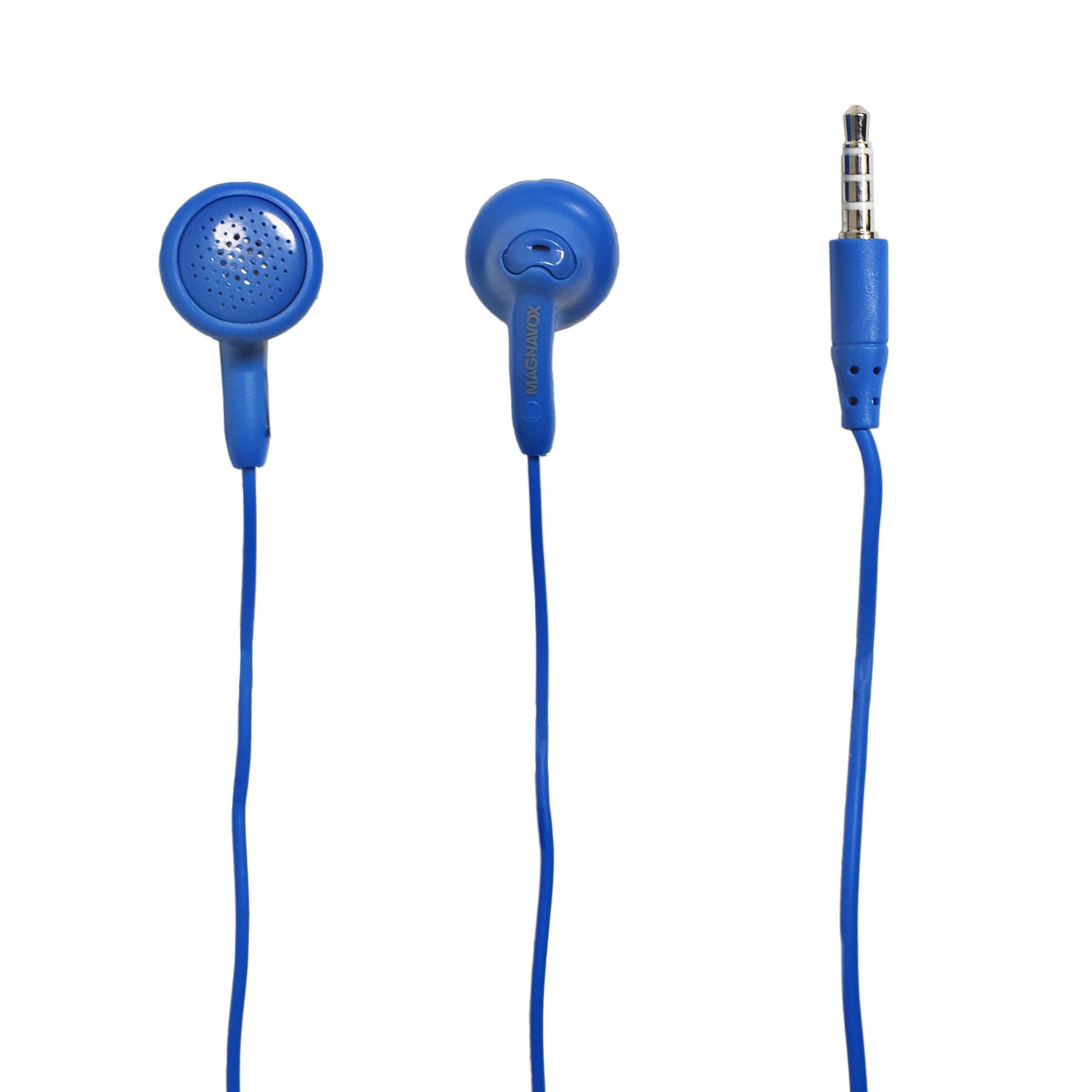 Magnavox MHP4820M-BL Wireless Bluetooth Earbuds with Built-in Mic - Soft Silicone Comfort Fit, Noise Isolating Stereo Sound, Durable Tangle-Free Cable (Blue/Pink/Purple/White/Black) | Perfect for Gym, Running, Commuting & Workouts