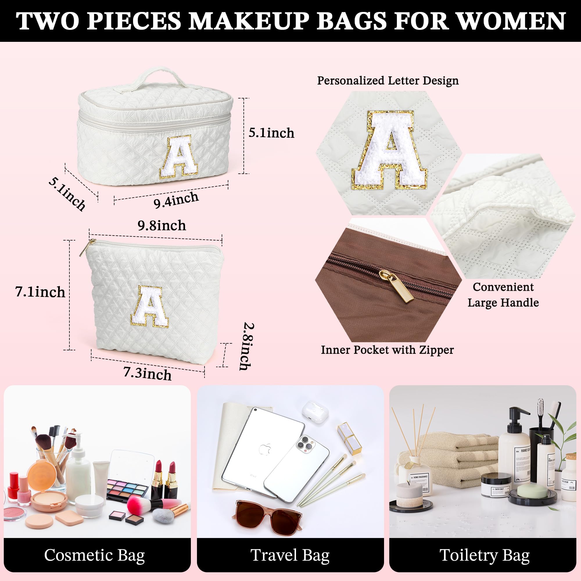 YOOLIFE Personalized Initial Makeup Bag Set - Large & Small Travel Cosmetic Bags for Women | Perfect Birthday Gifts for Her, Best Friend, Bridesmaid Proposal | Great for Travel, Daily Makeup Storage & Gift Giving Occasions