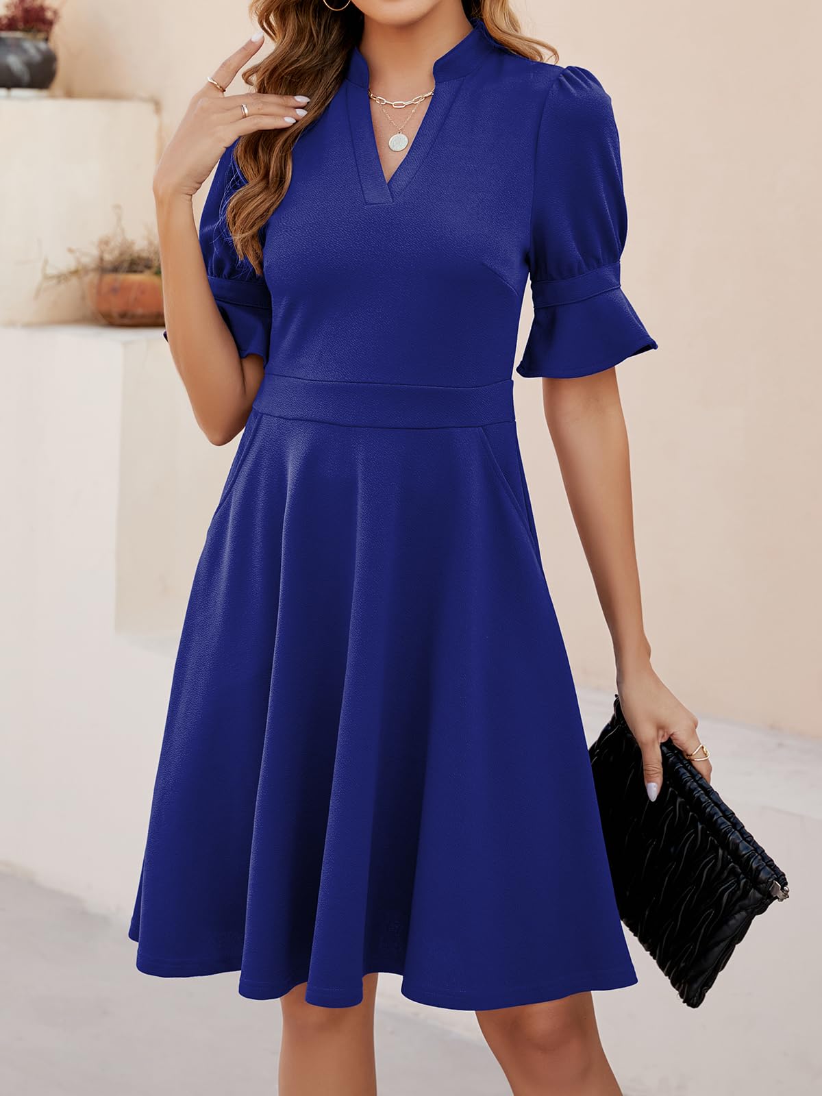 Mokayee Women's Summer V-Neck Ruffle Short Sleeve Fit and Flare Knee-Length Dress with Pockets - Perfect for Church, Wedding Guest, Party & Casual Wear