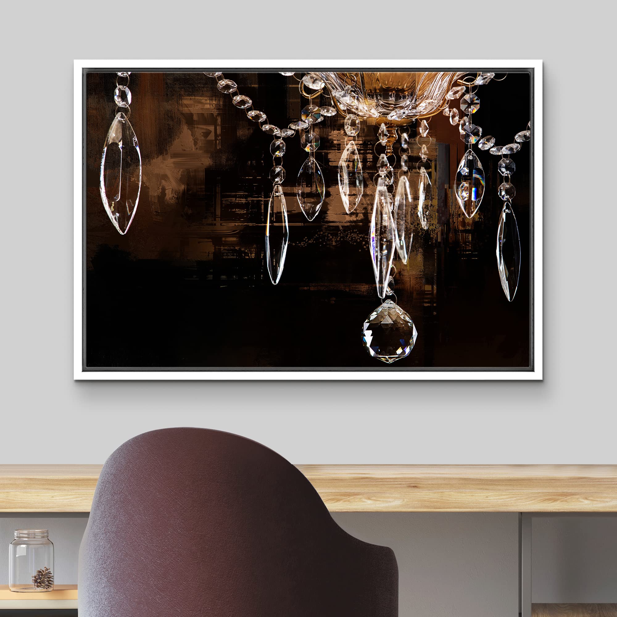 Wall26 Framed Canvas Print - Crystal Chandelier Silhouette Wall Art on Dark Background, Modern Digital Art for Living Room, Bedroom, Office Decor (24x36 Inches, White Frame) | Elegant Home Decor & Relaxing Atmosphere