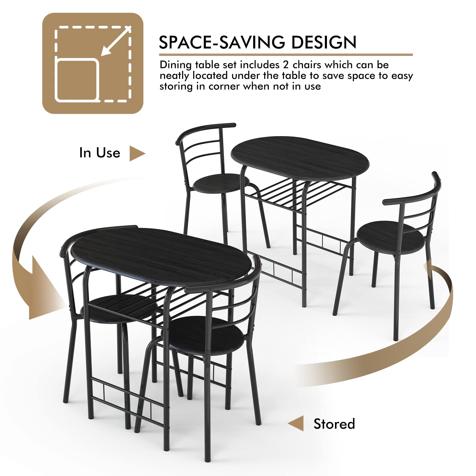 NAFORT 3-Piece Round Dining Table Set for 2 - Compact Kitchen Table & Chairs with Storage Shelf, Space Saving Bistro Set, Steel Frame in Black - Perfect for Small Apartments, Breakfast Nooks & Cozy Kitchenettes