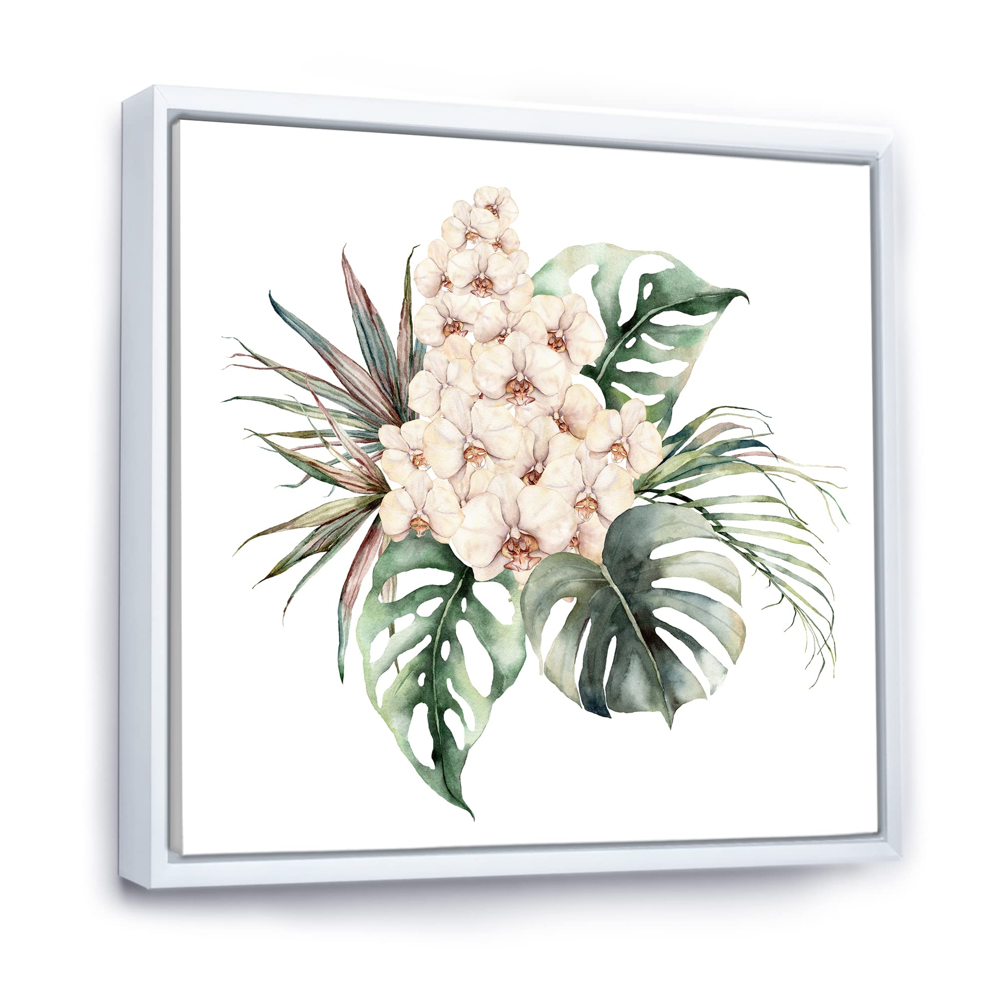 DesignQ Orchid Monstera Coconut Leaves Framed Canvas Wall Art Print - Elegant Home Decor for Living Room, Bedroom & Office