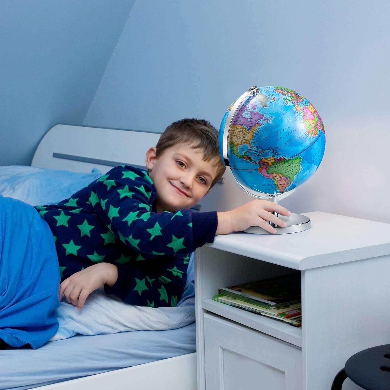 LED Illuminated World Globe with Chrome Rotating Stand - 3-in-1 Educational Geography Map, Light-Up Earth Constellation Globe for Kids & Adults | STEM Learning Tool, Night Light, 14 Inch - Perfect for Home Decor, Classroom Teaching & Astronomy Enthusiasts