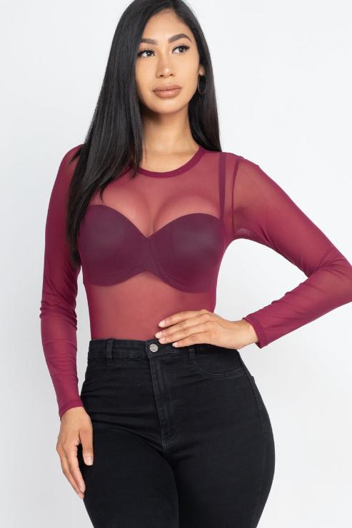 Sexy Sheer Mesh Long Sleeve Bodysuit for Women - Stretchy Lingerie Bodysuit with Thong Bottom - Perfect for Date Night, Club Wear & Boudoir Photography