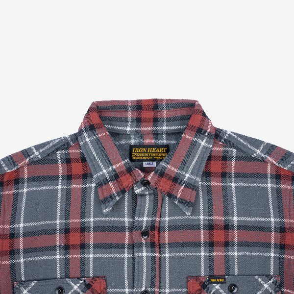 Iron Heart IHSH-375 Heavyweight 12oz Slub Flannel Shirt - Gray Herringbone Check for Men | Durable Workwear & Outdoor Activities