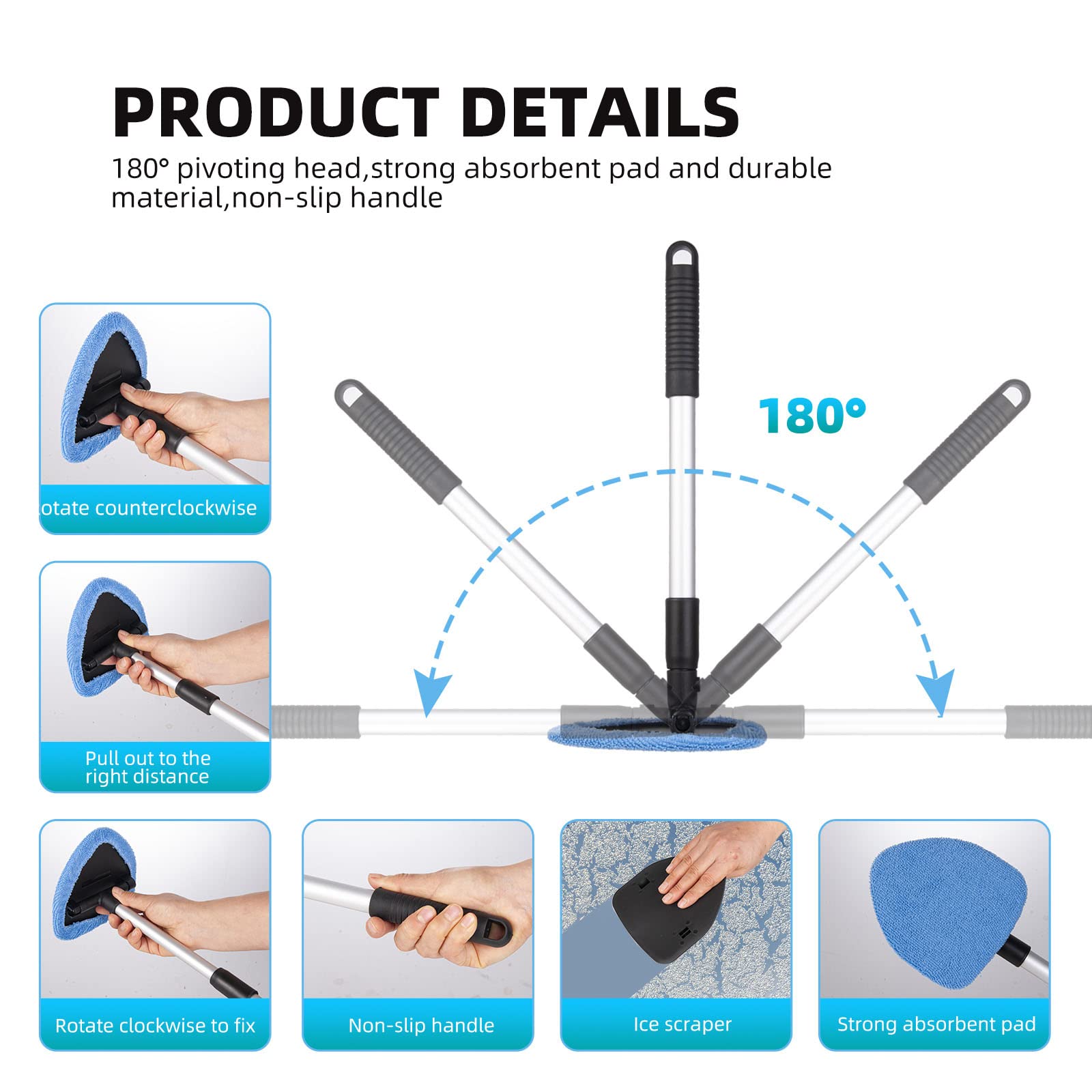 Upgraded Deuvuo Windshield Cleaning Tool - Expandable Car Window Cleaner with 6 Reusable Microfiber Pads & 2 Spray Bottles - Multifunctional Auto Interior Glass Cleaning Wand for Cars, Trucks & SUVs - Perfect for Home, Office & Road Trip Cleaning