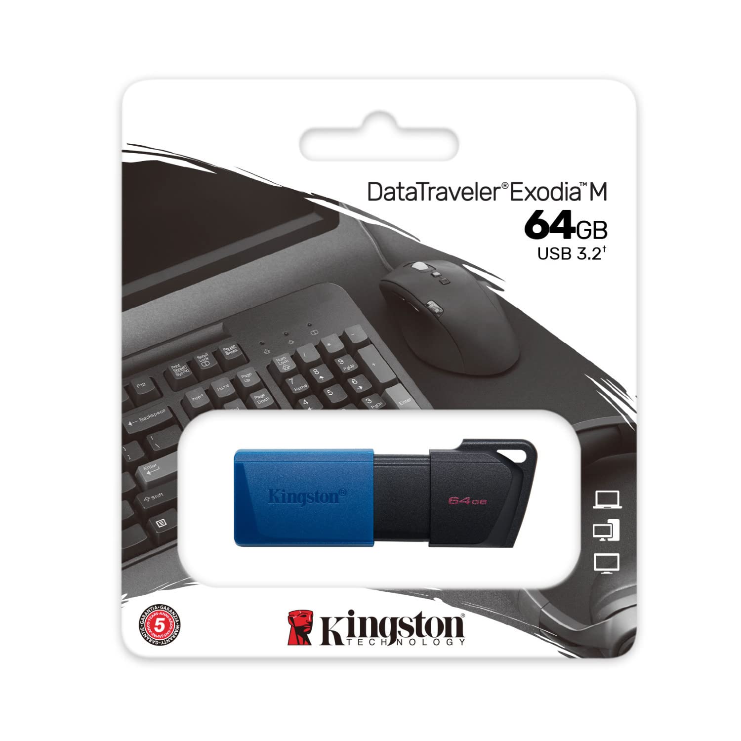 Kingston DataTraveler Exodia M 64GB USB 3.2 Flash Drive 5-Pack with USB-C Adapter - High Speed Portable Storage for PC, Mac, Phones - Perfect for Office, School, Travel & Data Backup
