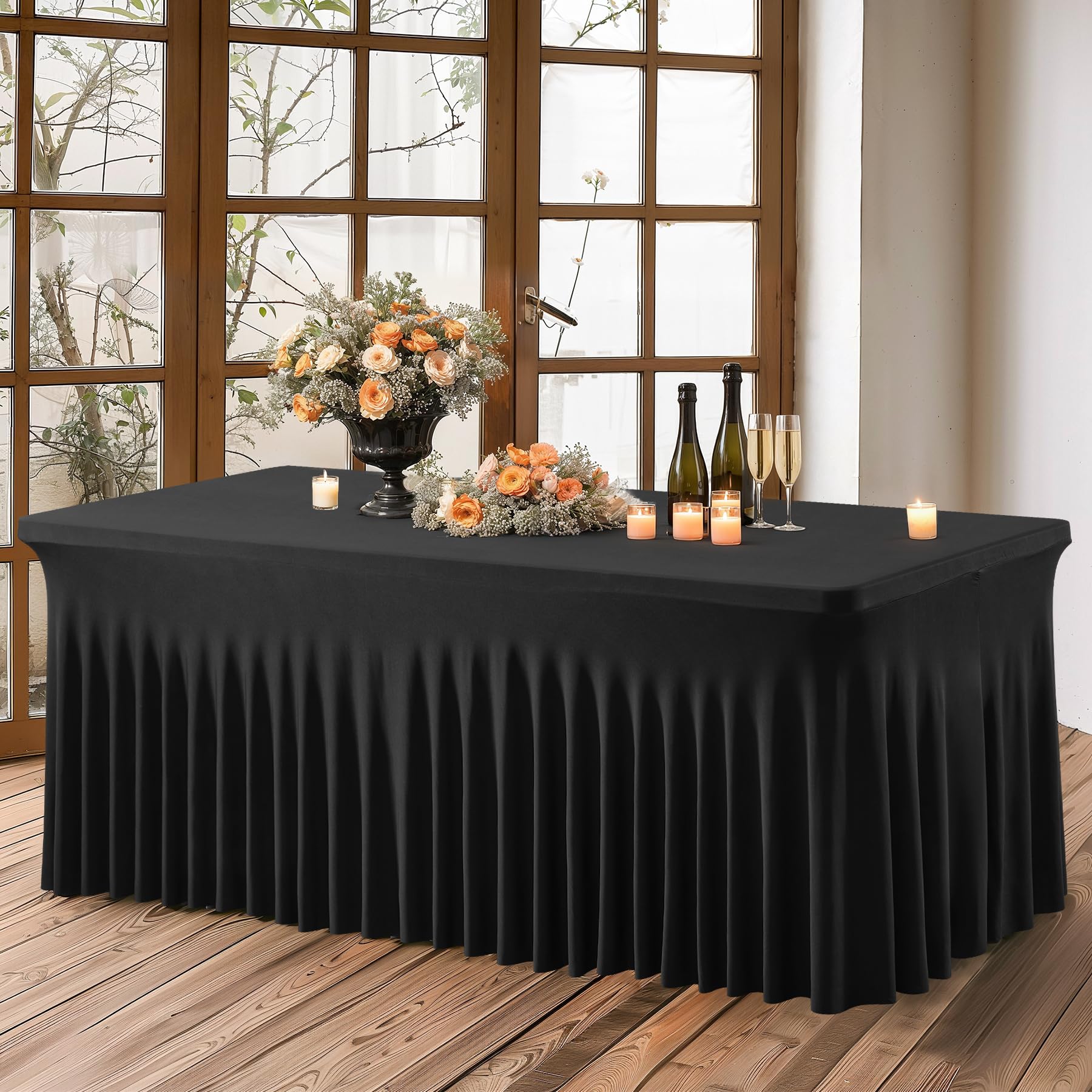 PARTISKY 4ft Black Spandex Table Skirt - Stretchable Table Cover for 4 Foot Rectangle Folding Tables | Perfect for Weddings, Banquets & Events