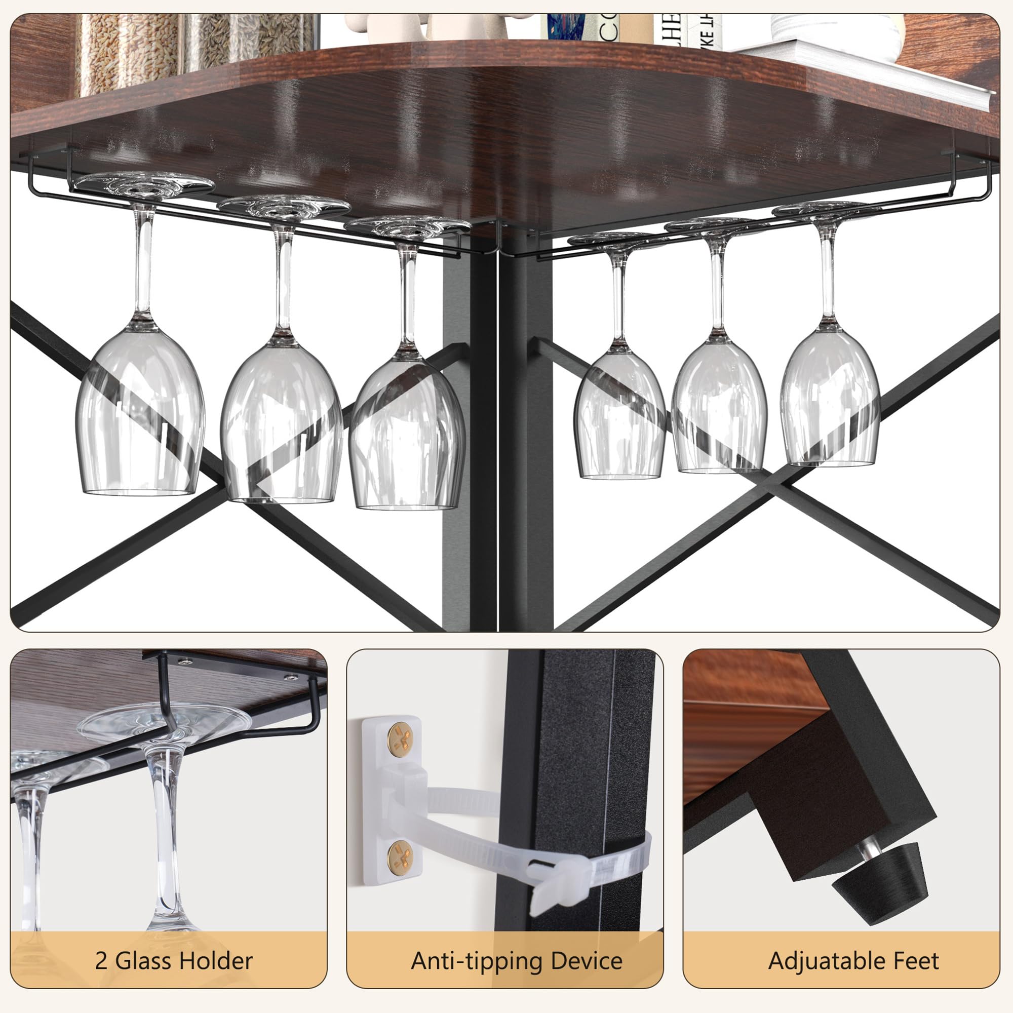 Industrial 5-Tier Corner Bar Cabinet with LED Lights & Power Outlet - Adjustable Shelves, Glass Holder & Mesh Door - Space-Saving Liquor Storage for Home, Office or Restaurant Use