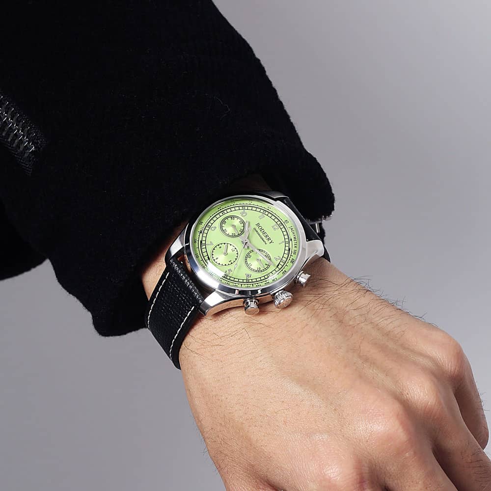 Men's ASYMMETRY Mechanical Chronograph Watch with Domed Sapphire Crystal - Waterproof Avocado Green Dial for Business & Casual Wear