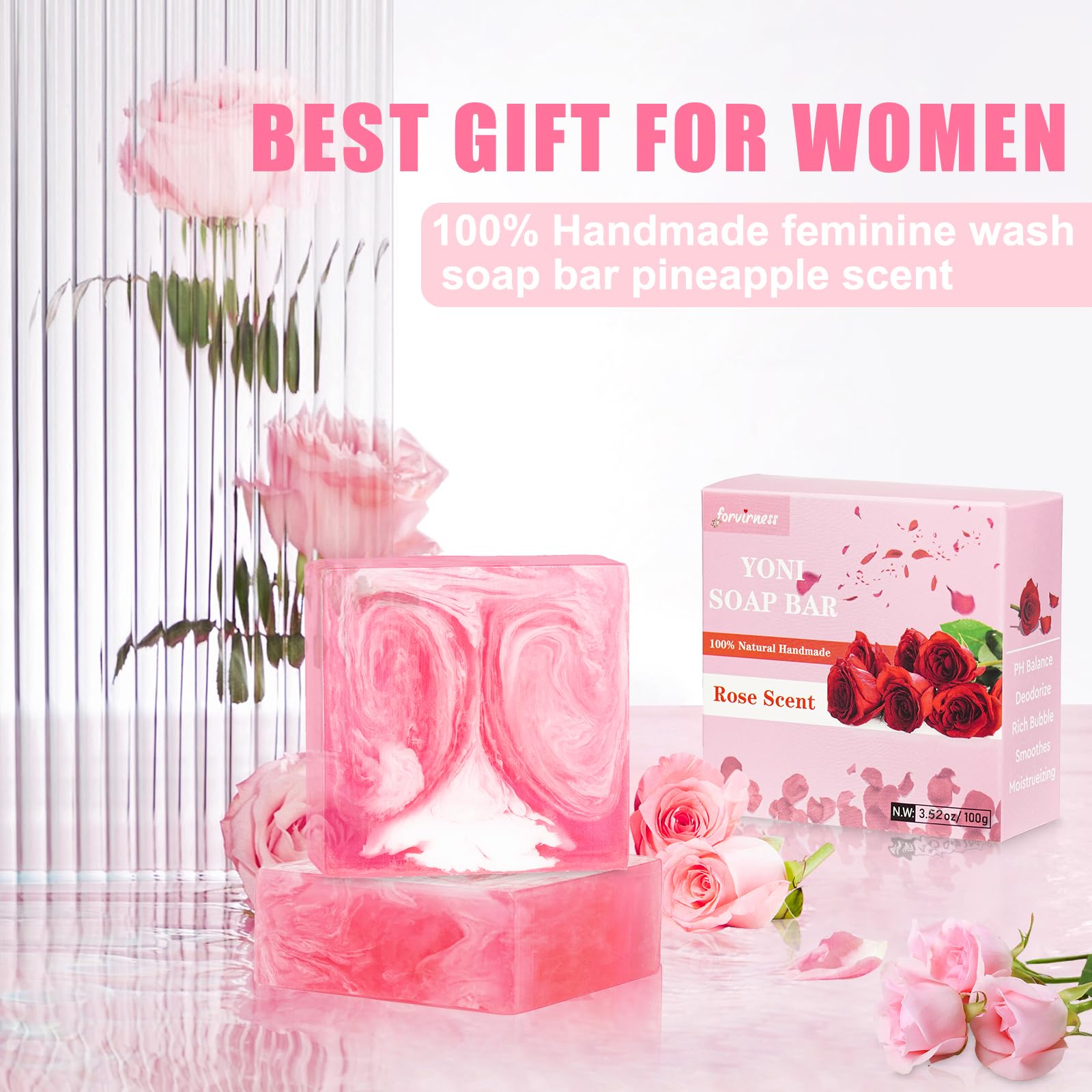 3 Pack Yoni Bar Soap for Women - 100% Natural Organic Feminine Wash with pH Balance, Moisturizing Vaginal Soap with Rose Scent | Intimate Hygiene, Daily Cleansing & Gentle Care for Sensitive Skin