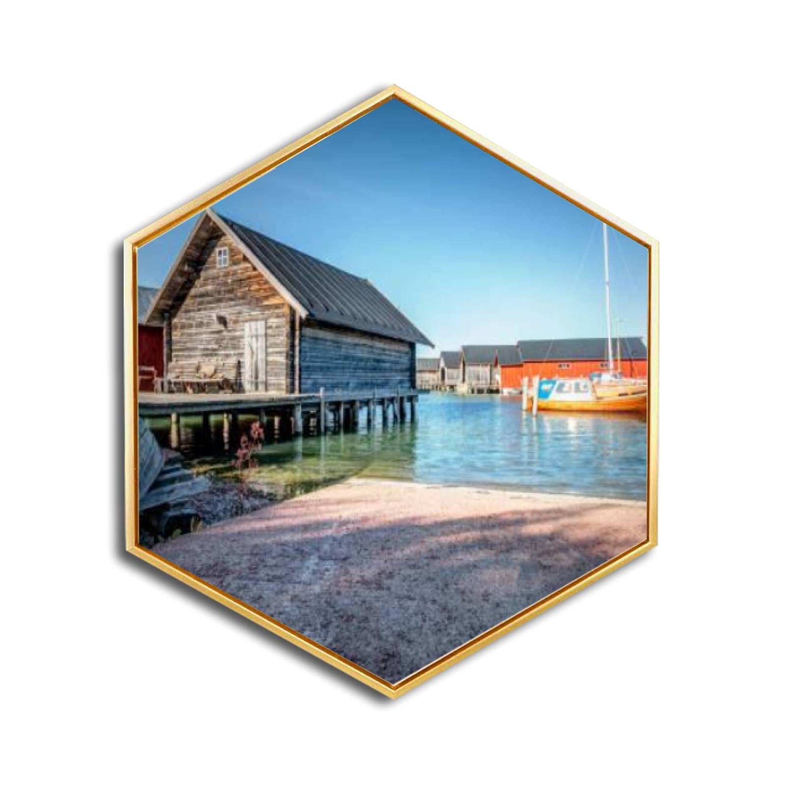 Canvas Wall Art - Aland Islands Finland Wooden House on Baltic Sea Shore - Golden Framed Giclee Prints - Minimalist Modern Wall Decor - Hexagon Shape - Ready to Hang for Home & Office - Perfect for Living Room, Bedroom or Workspace Decor