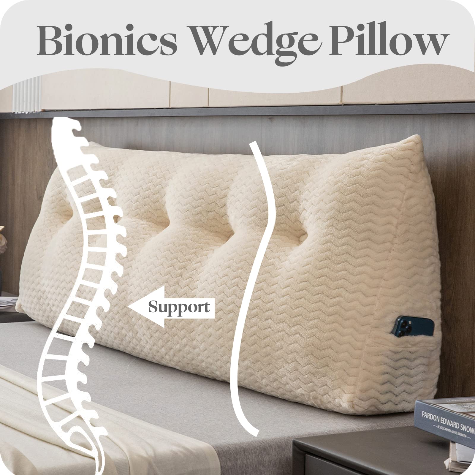 Large Bolster Triangular Headboard Wedge Pillow - Adjustable Backrest Support for Daybeds, Reading & Relaxing - Removable Washable Cover - Perfect for Bedroom, Living Room & Dorm Comfort