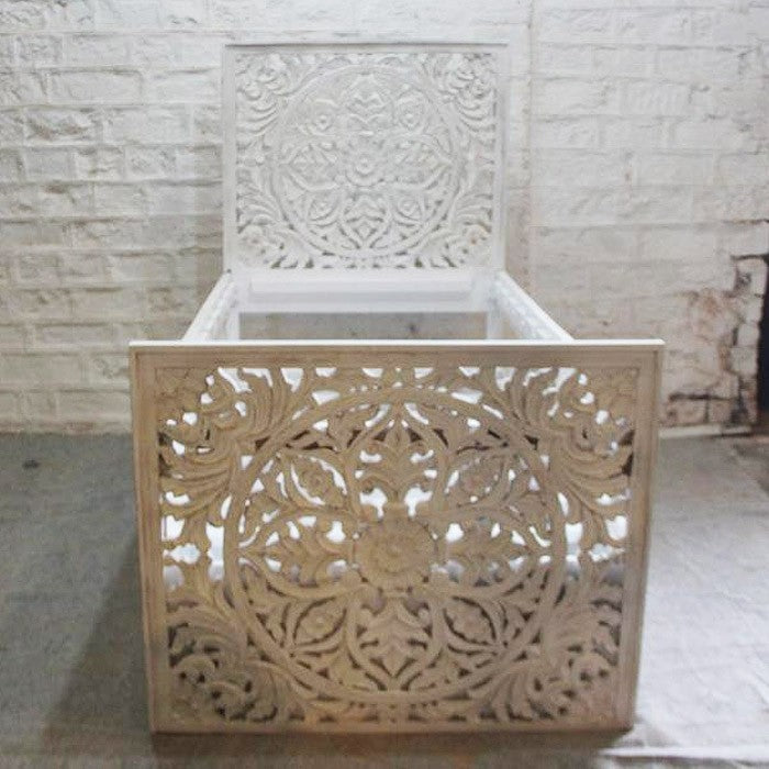 Hand Carved Indian Sera Wooden Trundle Single Bed - White | Solid Wood Frame | Space Saving Guest Bed | Perfect for Kids Rooms, Small Apartments & Guest Bedrooms