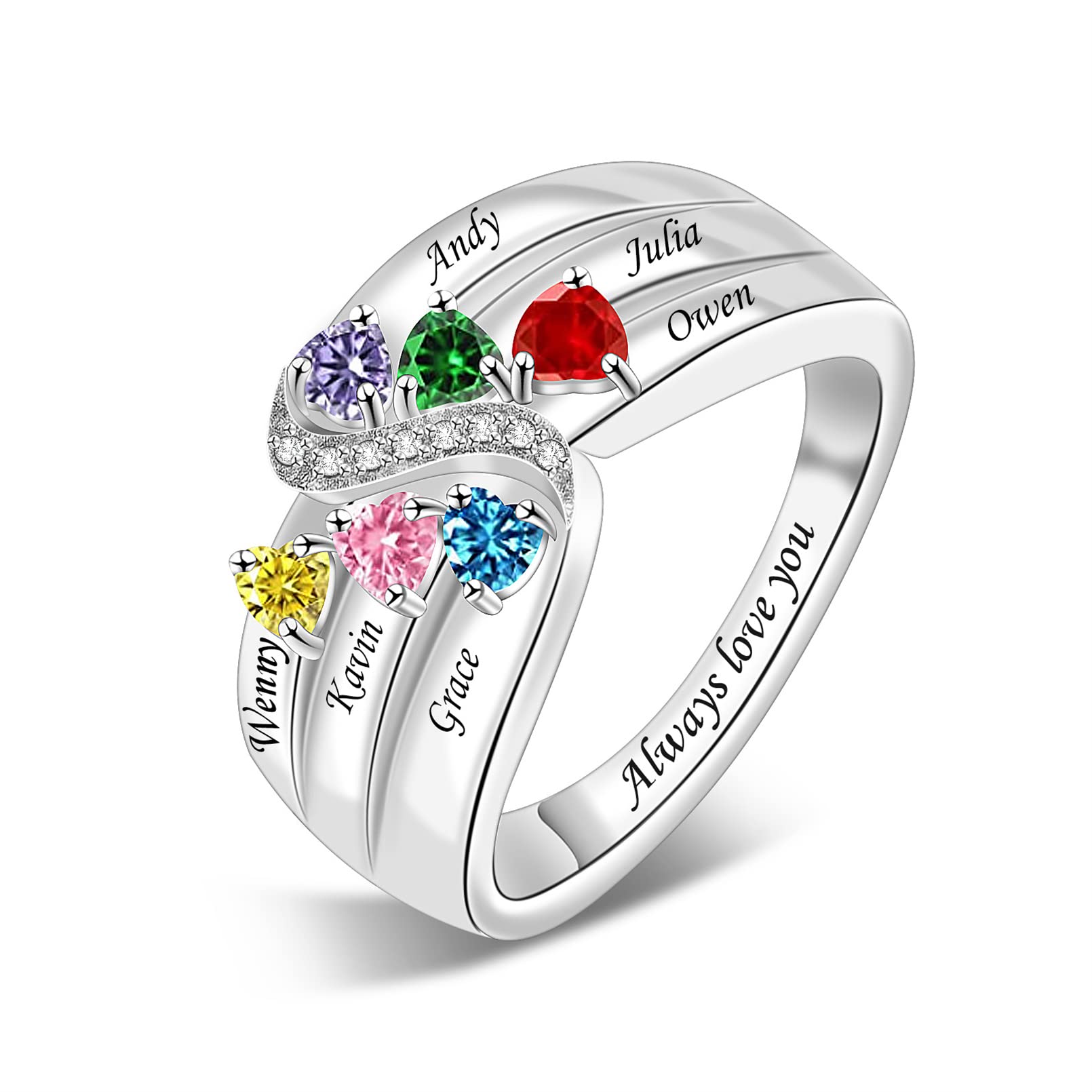 Personalized Mother's Ring with 1-6 Birthstones - 925 Sterling Silver Custom Engraved Family Jewelry - Perfect Gift for Mom, Women, Mother's Day - Ideal for Anniversary, Birthday & Special Occasions