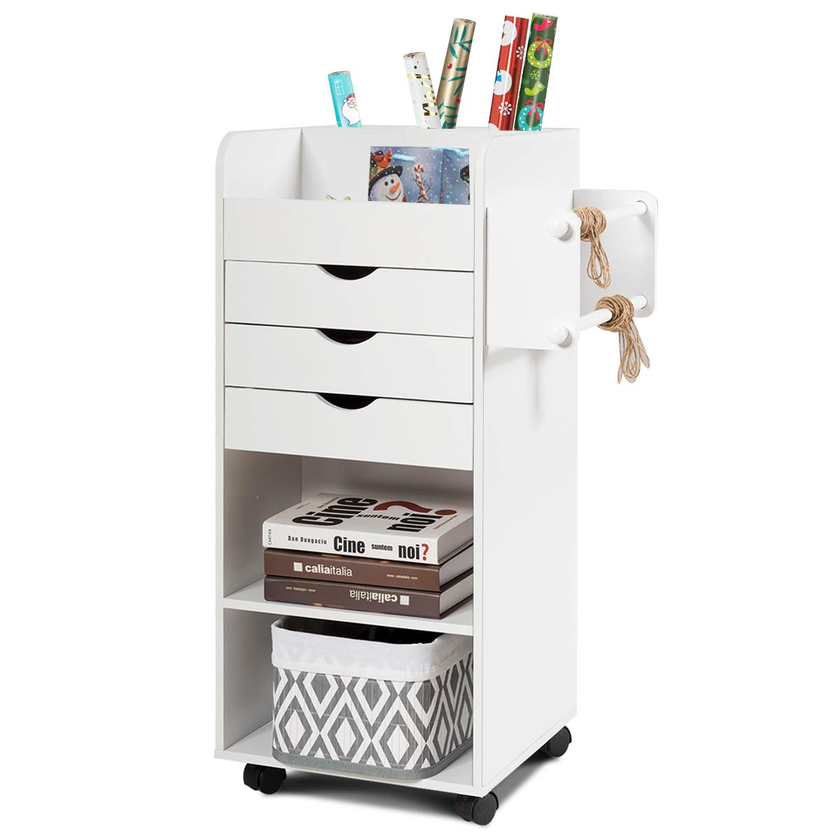 Tangkula 3-Drawer Rolling Storage Cart with Lockable Casters - Wooden Mobile Utility Cabinet with 3 Open Shelves for Home Office Organization - Perfect for Office Supplies, Craft Storage & Kitchen Pantry Organization