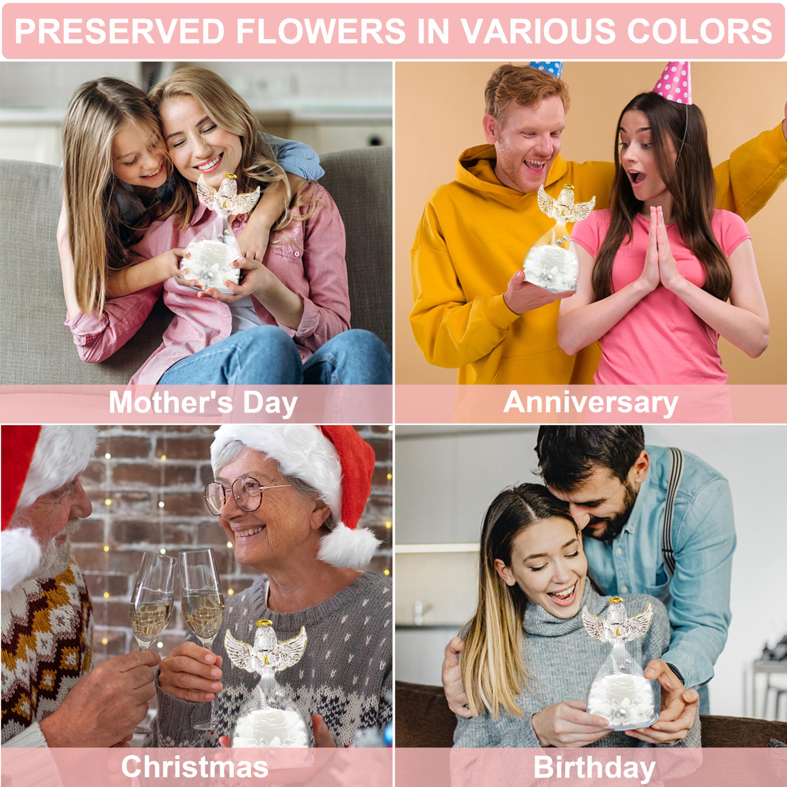 Angel Gifts for Women - Preserved Rose Flower in Glass Angel Figurine with LED Light | Perfect for Mother's Day, Christmas, Thanksgiving, Valentine's Day & Birthday Gifts | Thoughtful Present for Grandma, Mom & Wife | Home Decor, Romantic Gift & Special Occasion Keepsake