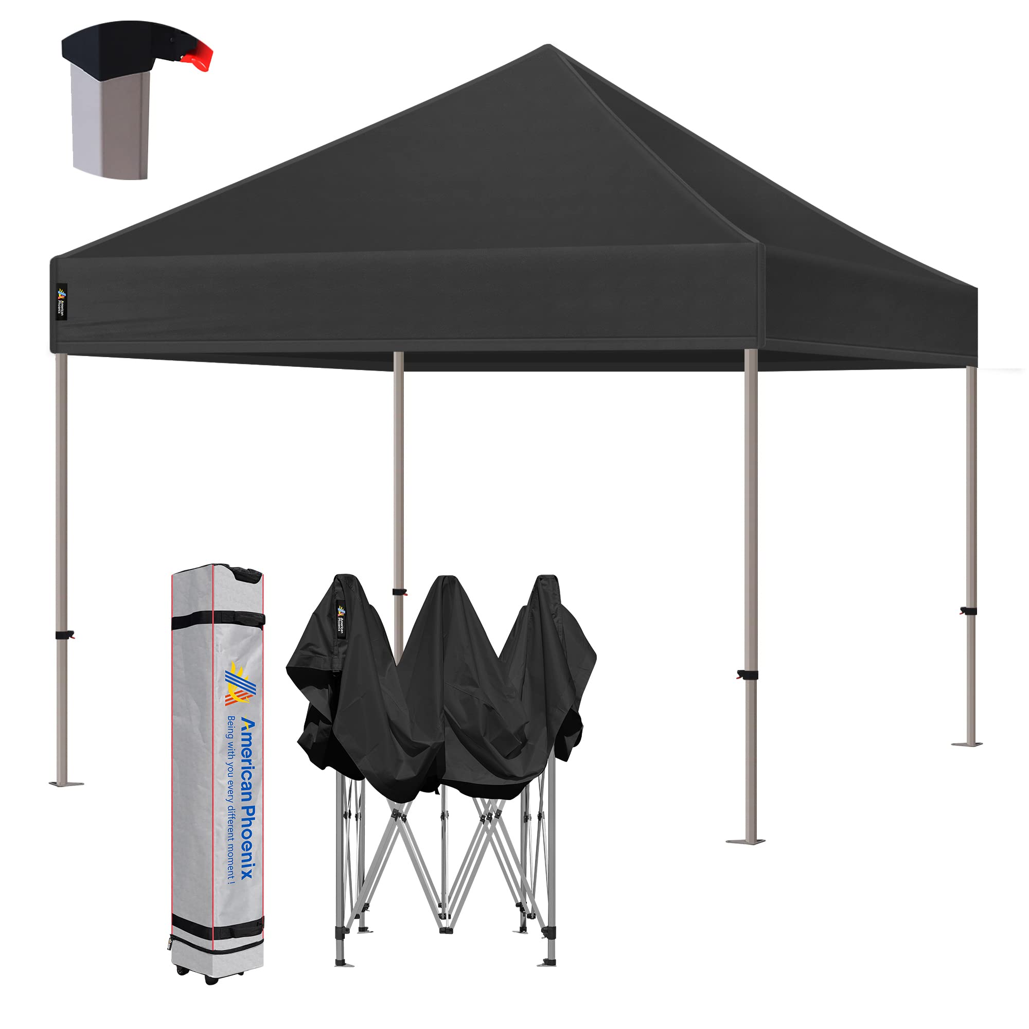 AMERICAN PHOENIX 10x10 Heavy Duty Commercial Canopy Tent - Waterproof Outdoor Shade Shelter with Roller Carry Bag for Trade Shows, Farmers Markets & Backyard Parties (Black)