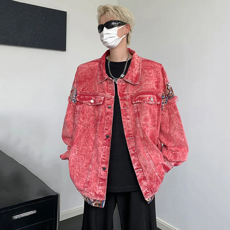 Men's Autumn Denim Jacket - Patchwork Wash, Turn-Down Collar, Single-Breasted Korean Style Coat (9C6649) | Casual Streetwear & Fall Layering Essential