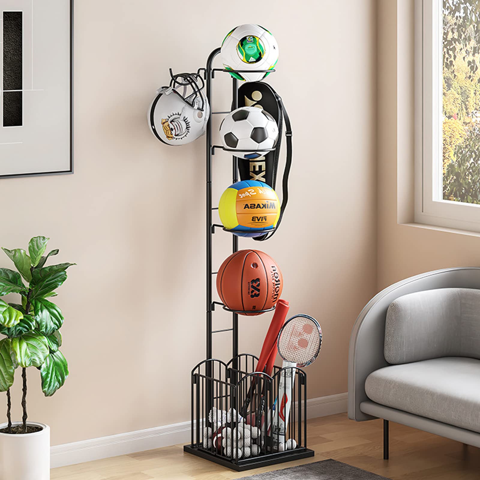 Eapmic Sports Ball Storage Rack - Heavy Duty Metal Basketball Football Soccer Volleyball Organizer Holder for Home, Garage, Gym, and Playroom - Perfect for Organizing Sports Equipment and Toys