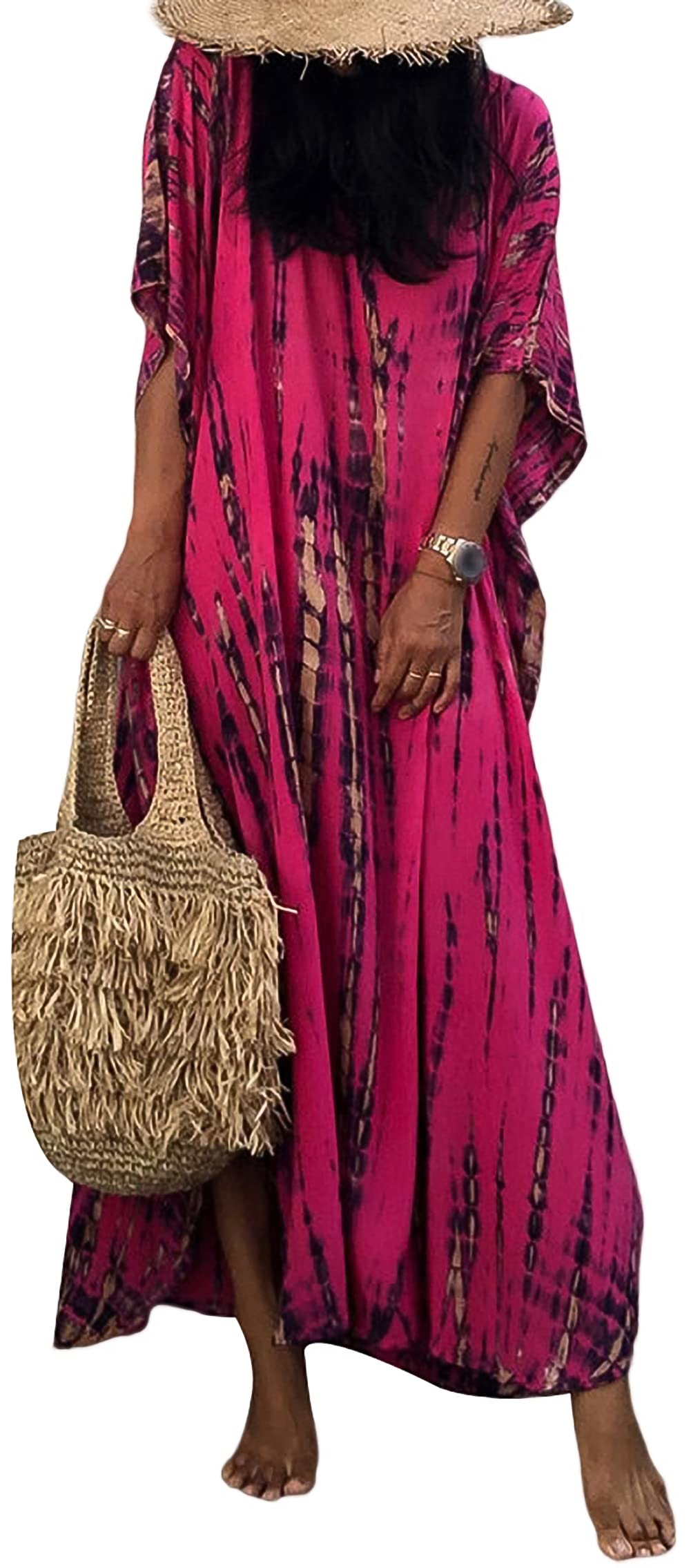 FEOYA Women's Bohemian Beach Cover Up - Floral Print V-Neck Kaftan Dress with Side Slit | Lightweight Swimsuit Cover for Pool, Vacation & Summer Outfits