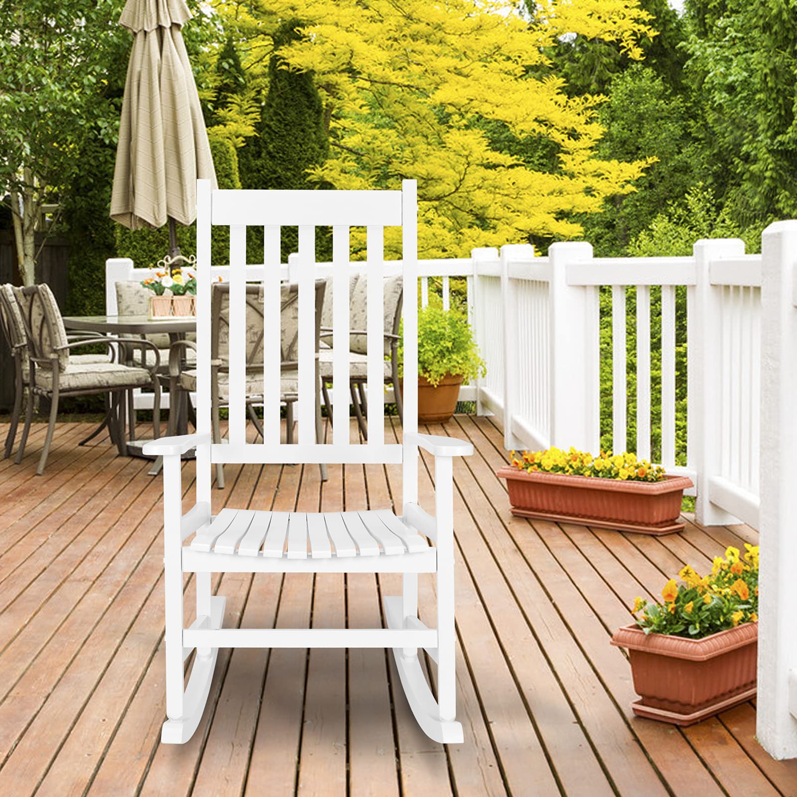 VINGLI 2-Piece Solid Wood Rocking Chairs Set - High Back Comfort Rocker for Relaxing - Perfect for Deck, Garden, Backyard, Porch - Indoor & Outdoor Use (White) - Ideal for Reading Nooks, Sunrooms & Patio Lounging