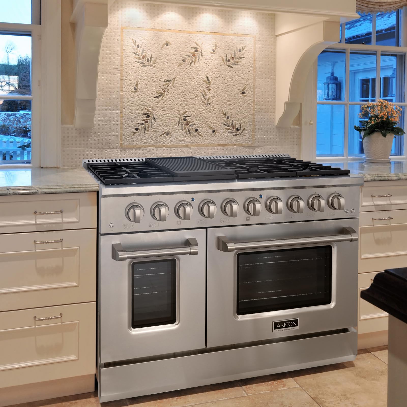 Akicon 48 Inch Freestanding Gas Range - 6.7 cu. ft. Double Rapid Convection Gas Oven with 8 Sealed Burners & Griddle - Heavy Duty Cast Iron Grates (Stainless Steel) - Perfect for Home Kitchen, Restaurant & Commercial Cooking