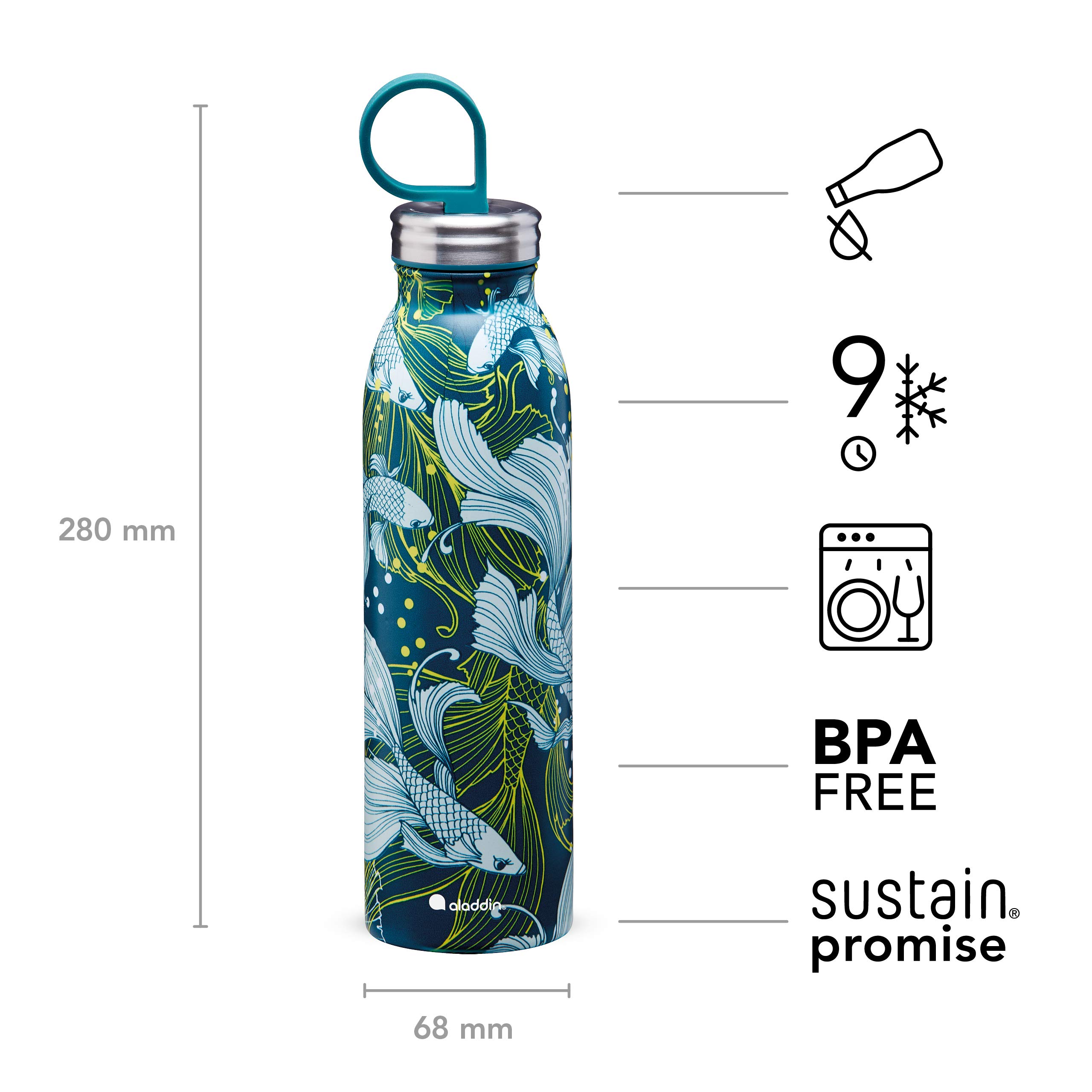 Aladdin Stainless Steel Insulated Water Bottle 0.55L/18oz - Goldfish Green - BPA-Free Thermos Flask - Keeps Drinks Cold for 9 Hours - Leakproof & Dishwasher Safe - Perfect for Hiking, Gym, Office & School