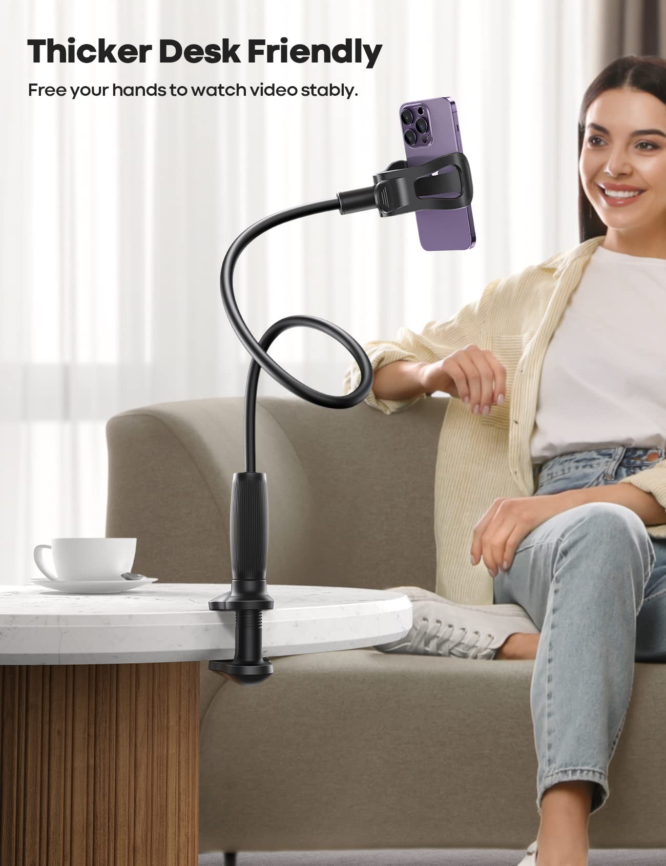 Lamicall Adjustable Gooseneck Phone Holder with 1-Second Lock Spring Cord Clips - Flexible Stand for iPhone, Samsung, Tablets - Perfect for Bed, Desk, Car & Office Use