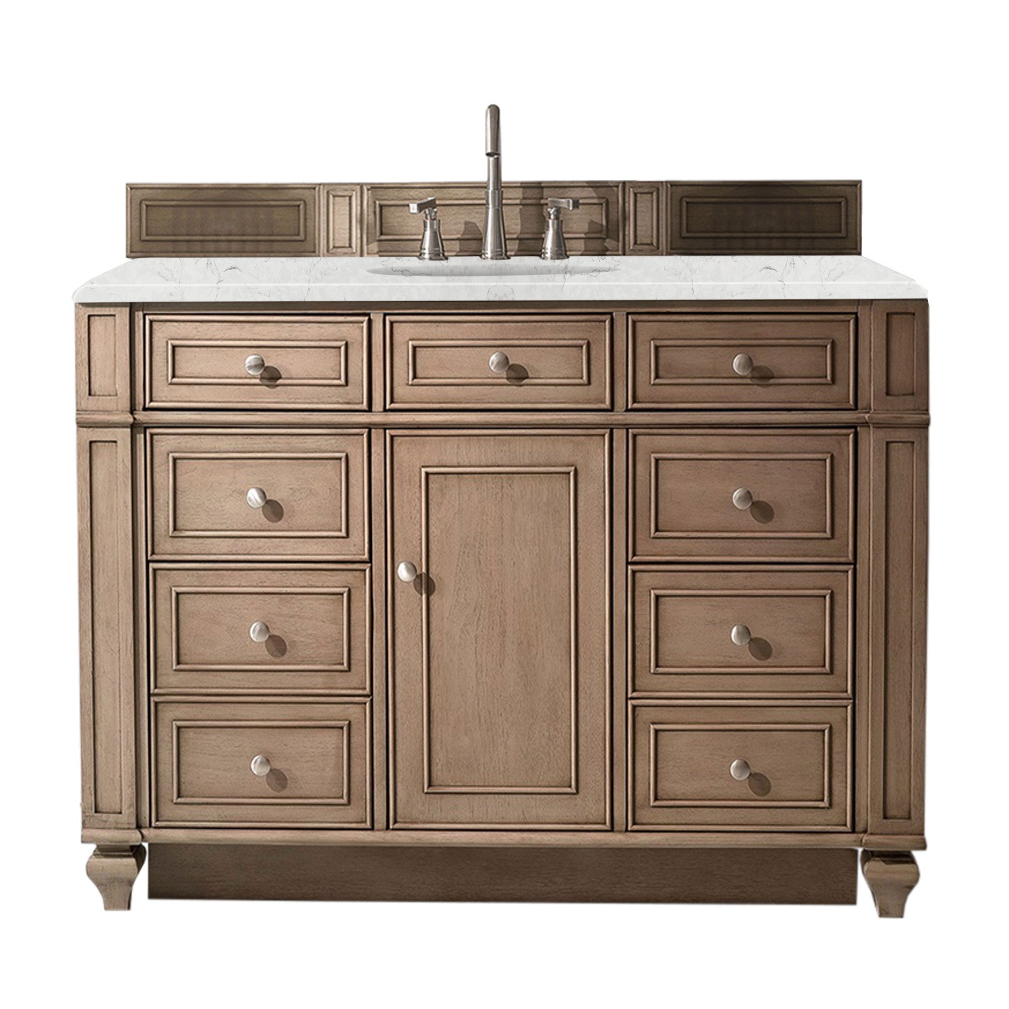 Bristol 48 Inch Single Bathroom Vanity Set - Whitewashed Walnut with 3CM Eternal Jasmine Pearl Quartz Countertop | Modern Farmhouse Style for Master Bath, Guest Bath & Powder Room