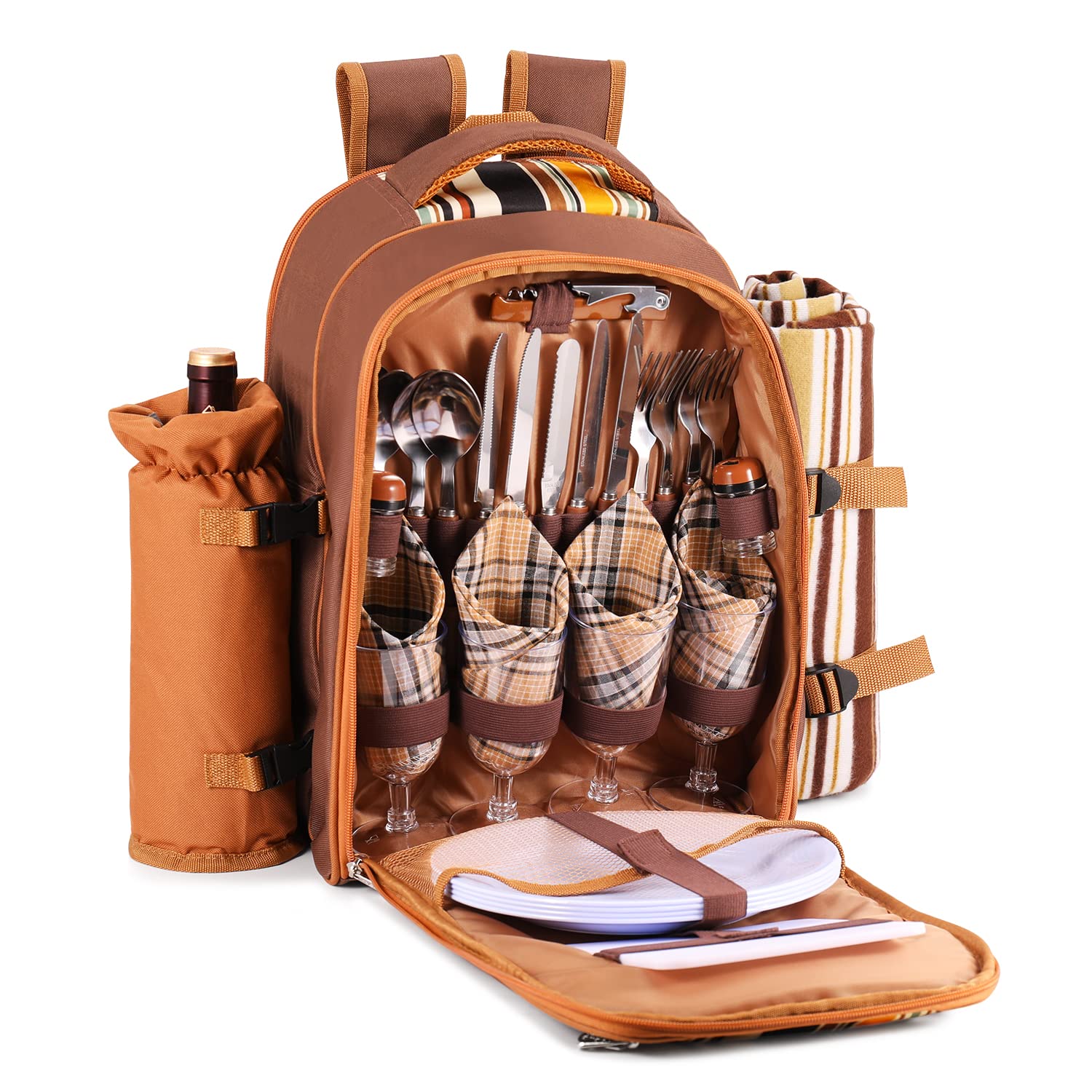 Flexzion 4-Person Picnic Backpack Set with Insulated Compartment, Detachable Wine Holder, Plates & Cutlery - Perfect for Outdoor Dining, Beach Trips & Wine Tasting (Brown)