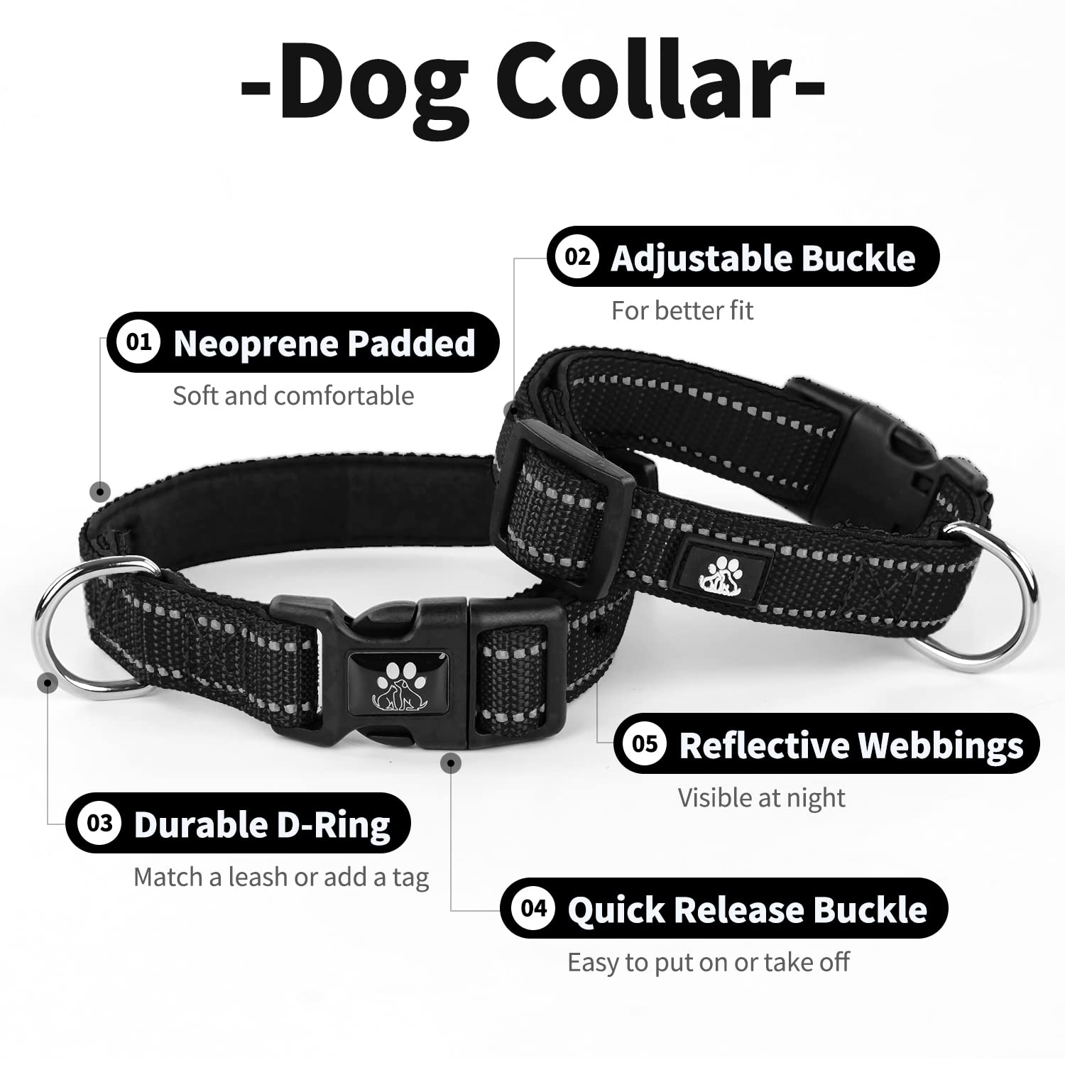 IVY&LANE Reflective Adjustable Neoprene Padded Dog Collar with 5FT Nylon Leash Set - Breathable Comfort for Small Medium Large Dogs & Puppies - Perfect for Night Walks, Jogging & Outdoor Adventures (XS, Black)