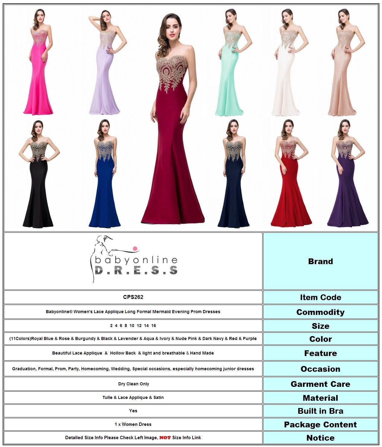 Babyonline® Elegant Women's Lace Applique Mermaid Evening Gown - Formal Prom Dress for Weddings, Galas & Special Occasions