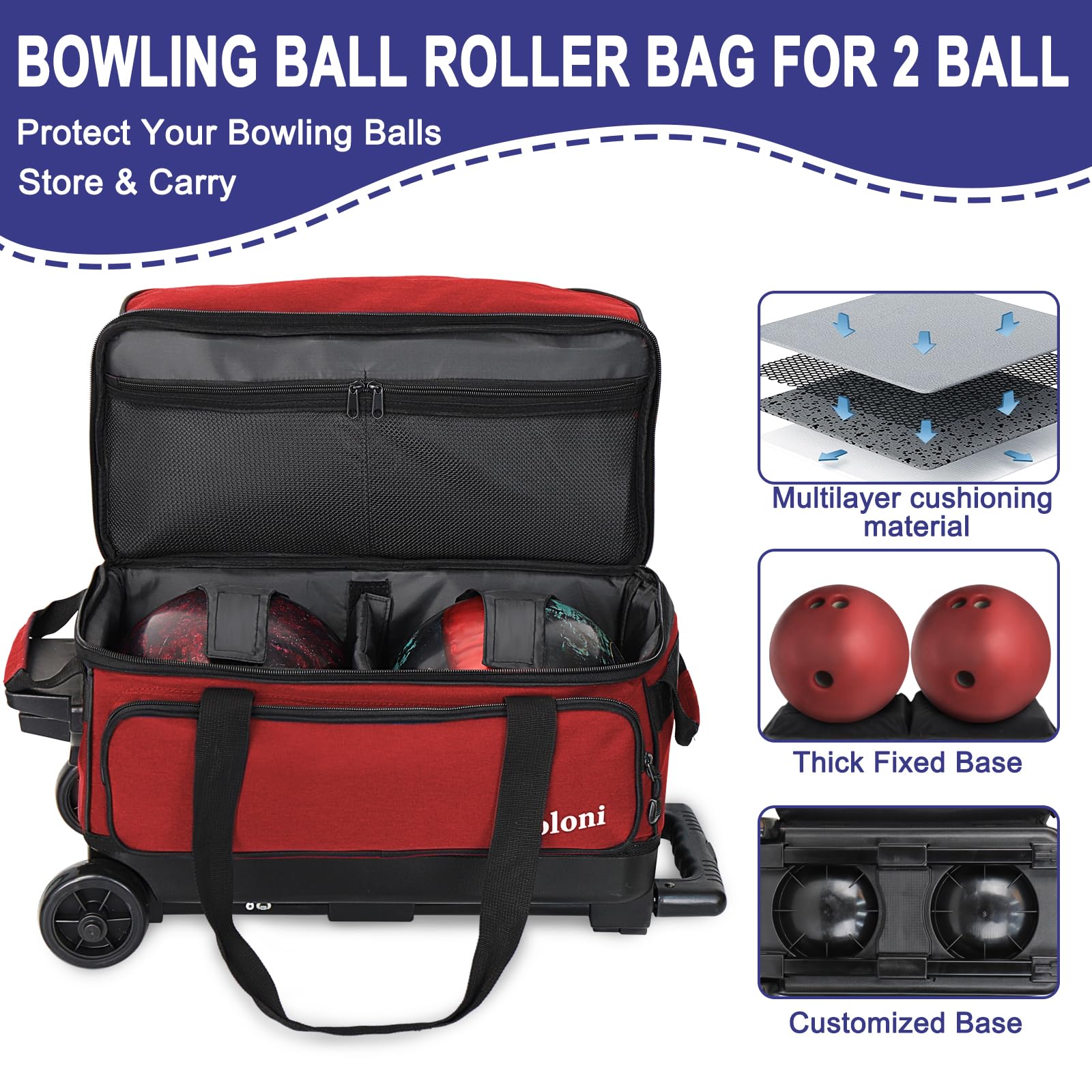 Goloni 2 Ball Bowling Bag with Wheels - Double Roller Design, Separate Shoe Compartment & Retractable Handle (Extends to 40