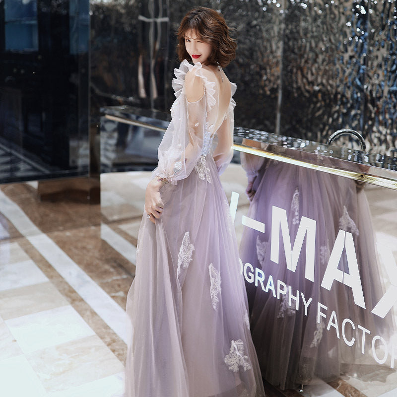 Elegant Long Sleeve Lace Prom Dress with Fairy Tulle Skirt - Formal Evening Gown for Women Size 175 - Perfect for Homecoming, Quinceañera, and Wedding Guest Occasions
