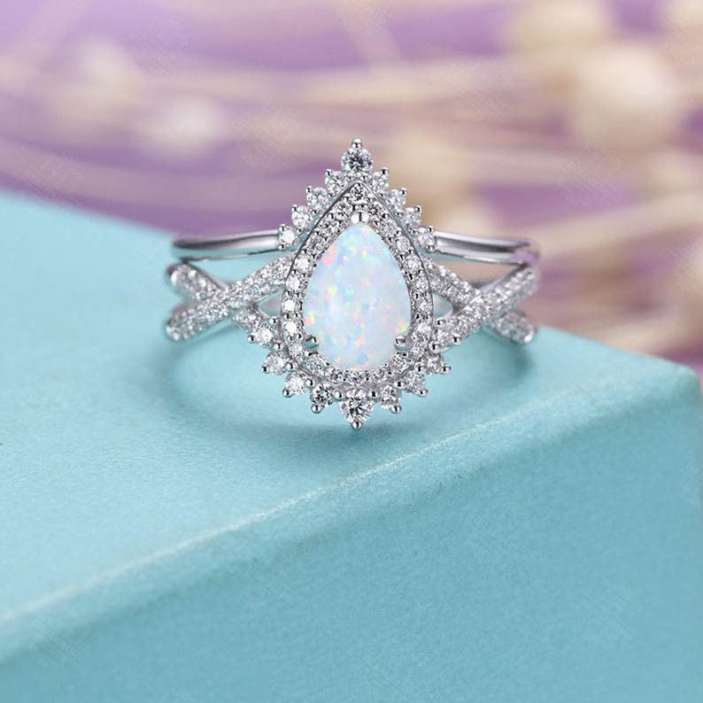 Vintage Opal Diamond Engagement Ring Set - 14K White Gold Pear Shaped Wedding Band for Women - Perfect for Proposals, Anniversaries & Bridal Jewelry
