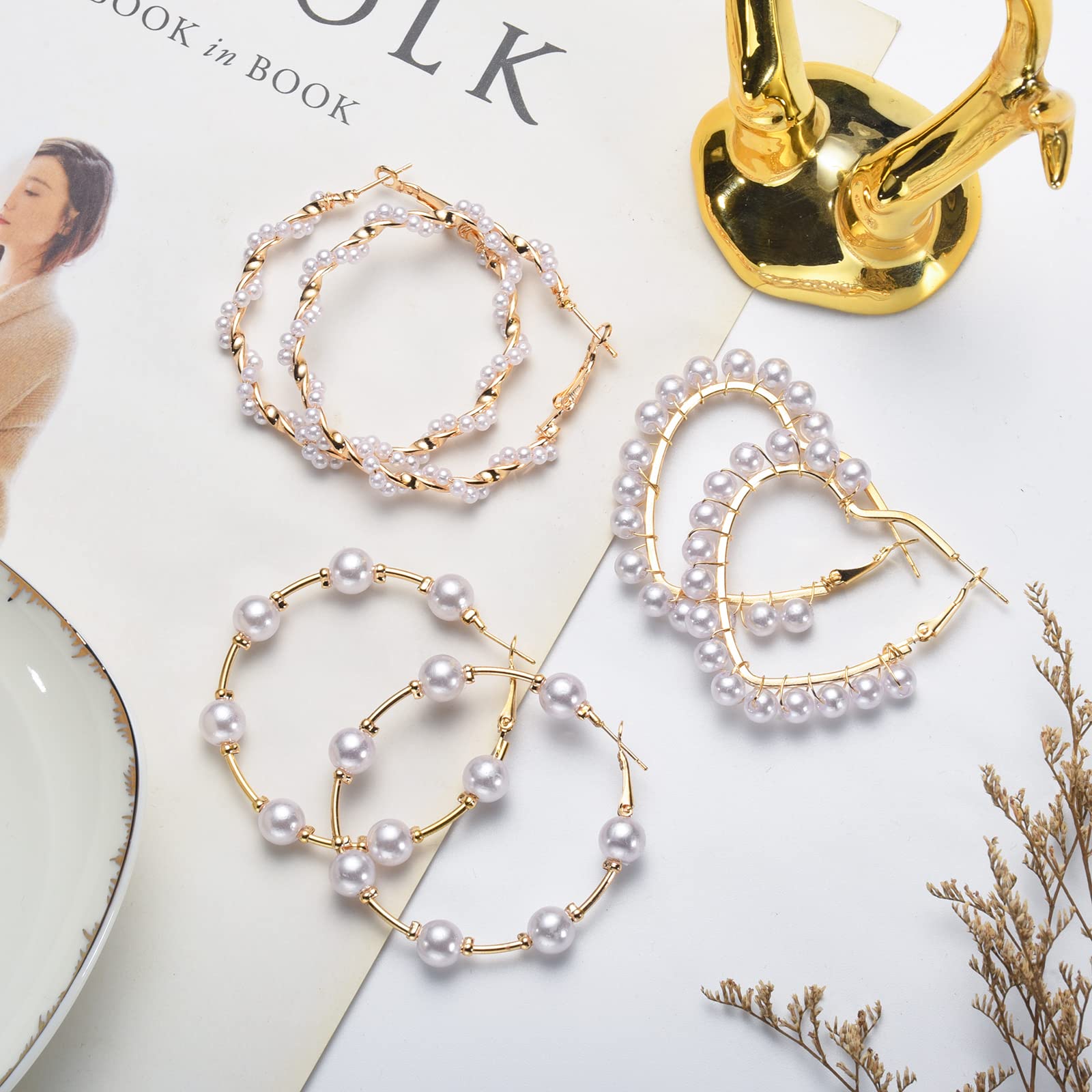Lightweight Faux Pearl Hoop Earrings for Women - Large Open Circle Heart Dangle Drop Earrings with Artificial Pearl Beads | Perfect for Bridal Jewelry, Weddings, Parties & Everyday Wear