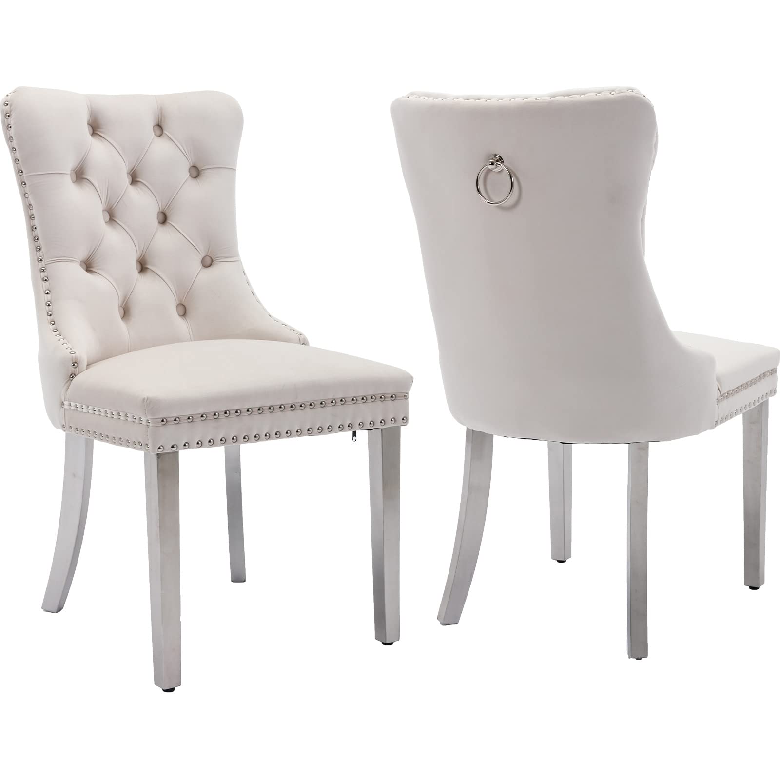 Luxury Velvet Dining Chairs Set of 2 - Tufted Upholstered Kitchen & Dining Room Chairs with Chrome Metal Legs, Beige - Perfect for Modern Home, Restaurant, and Office Decor